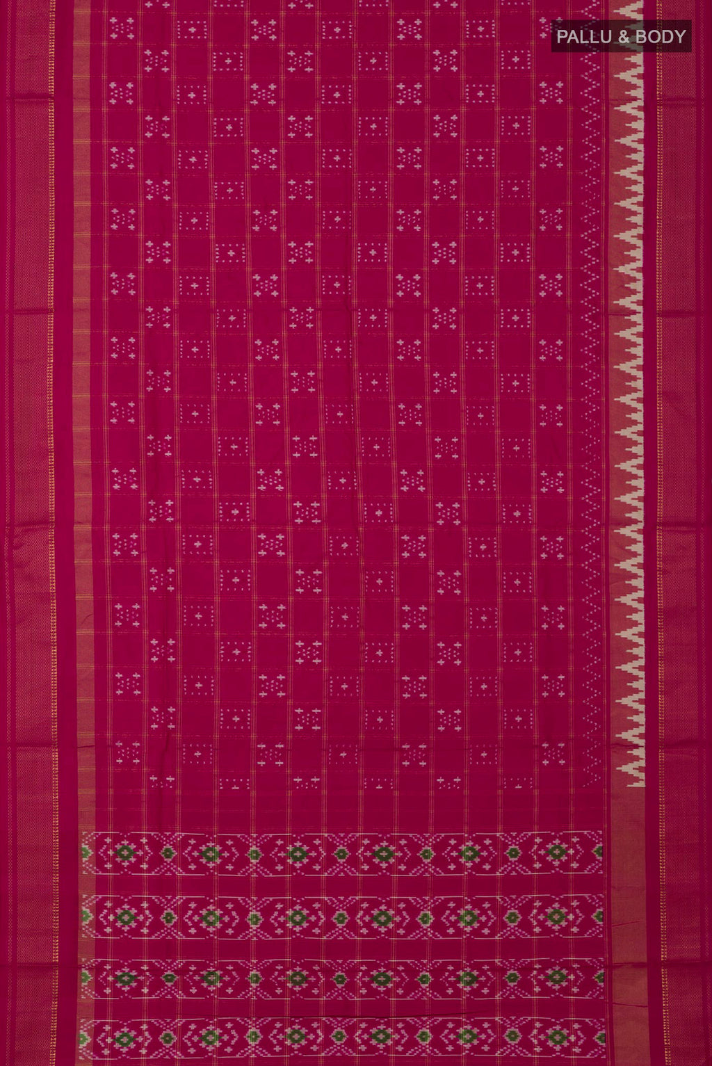 Flat view of Pink Pochampally Silk Saree with Ikat design on the body and Zari Border. 