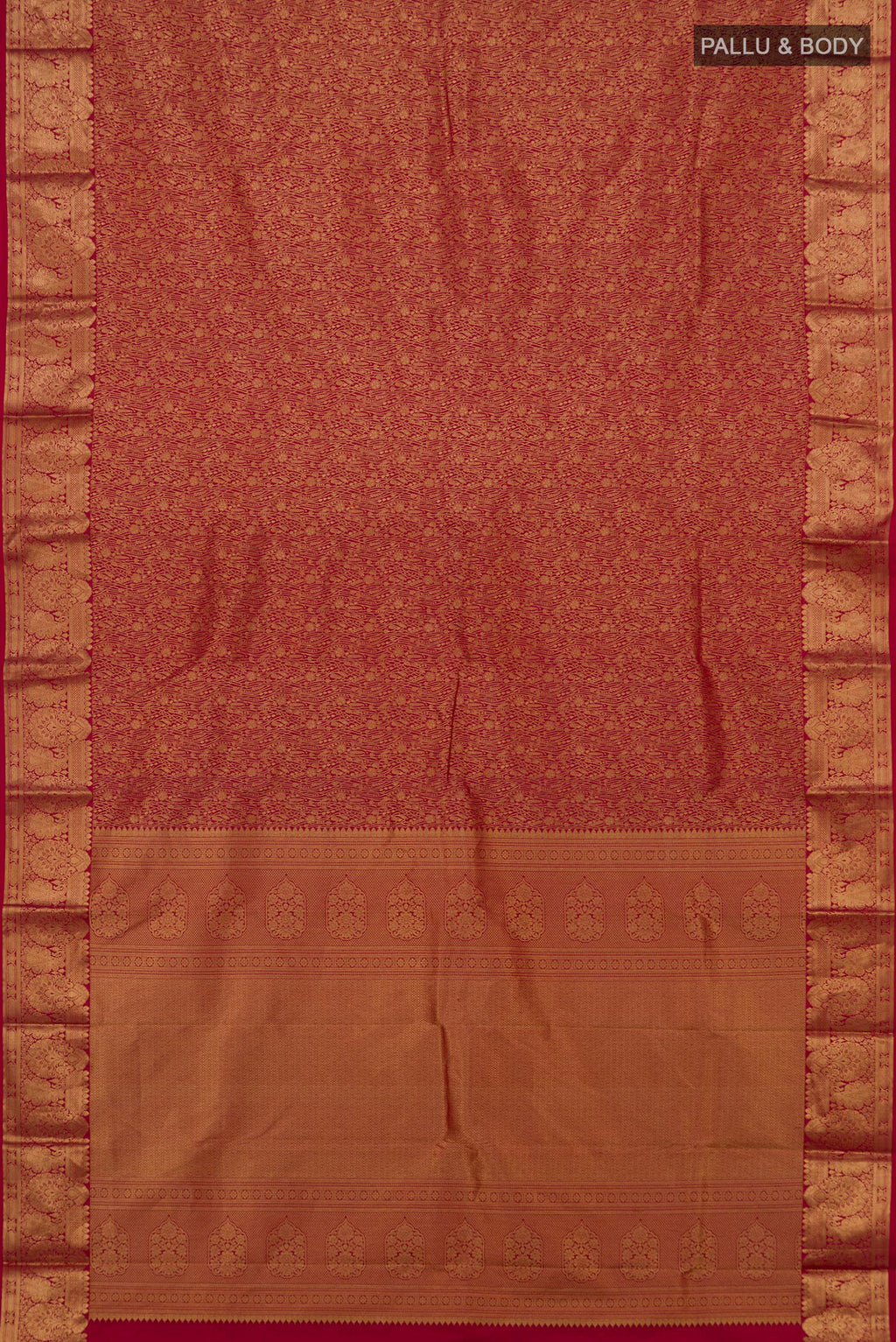 Flat view of Pure Silk Red Kanjivaram Saree with Zari Brocade on the body and Zari Border. 