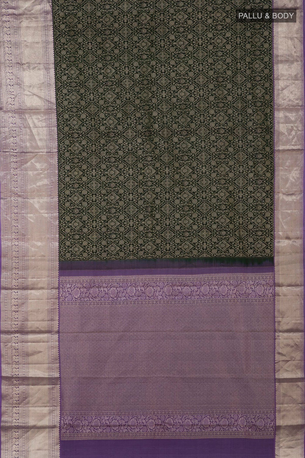 Flat view of Green Kanchipuram Silk Saree with Zari Brocade on the body and Zari Border. 