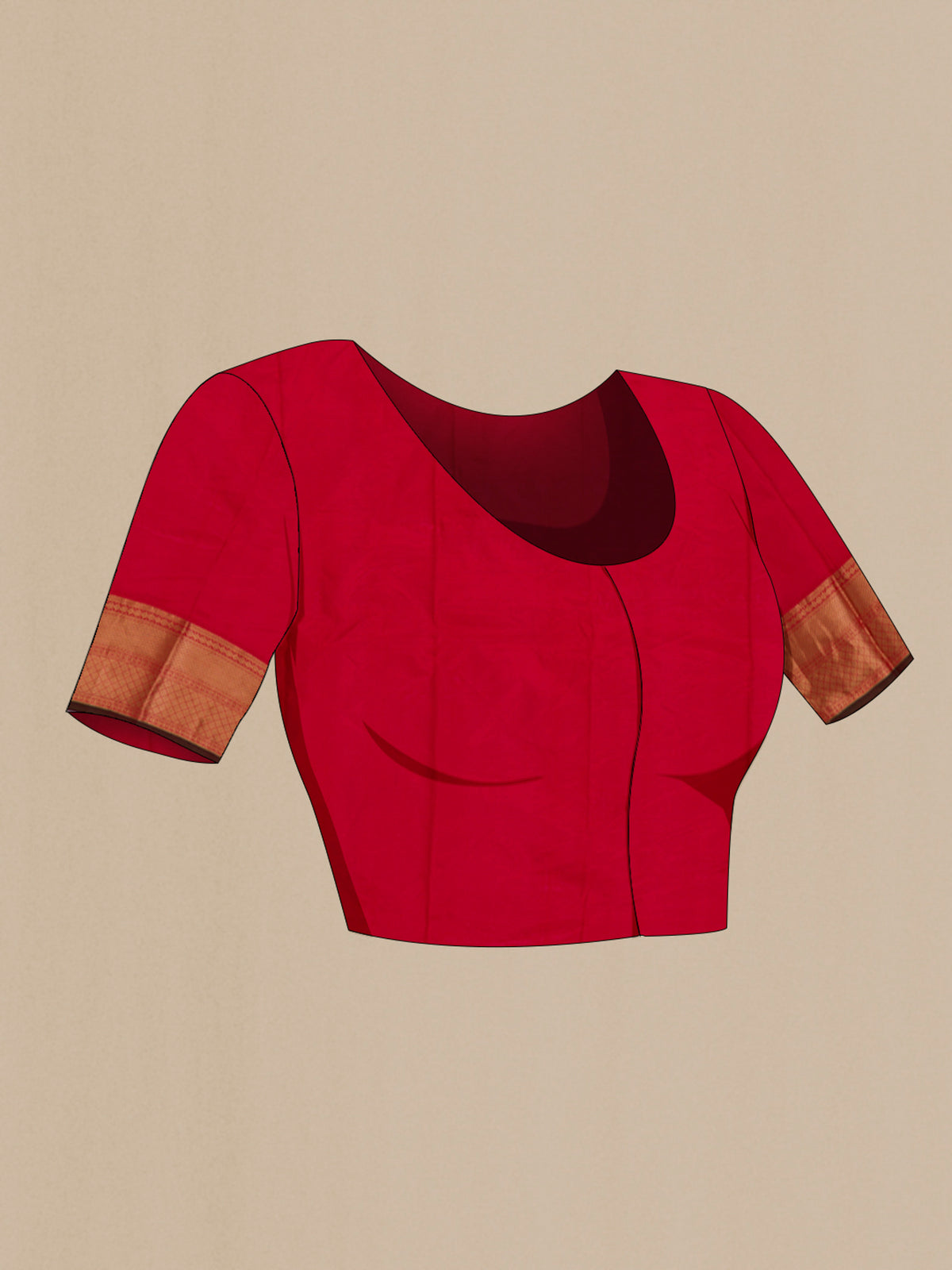 Close up image of the blouse of Pure Silk Red Kanchipuram Saree with Zari Brocade on the body and Zari Border. 