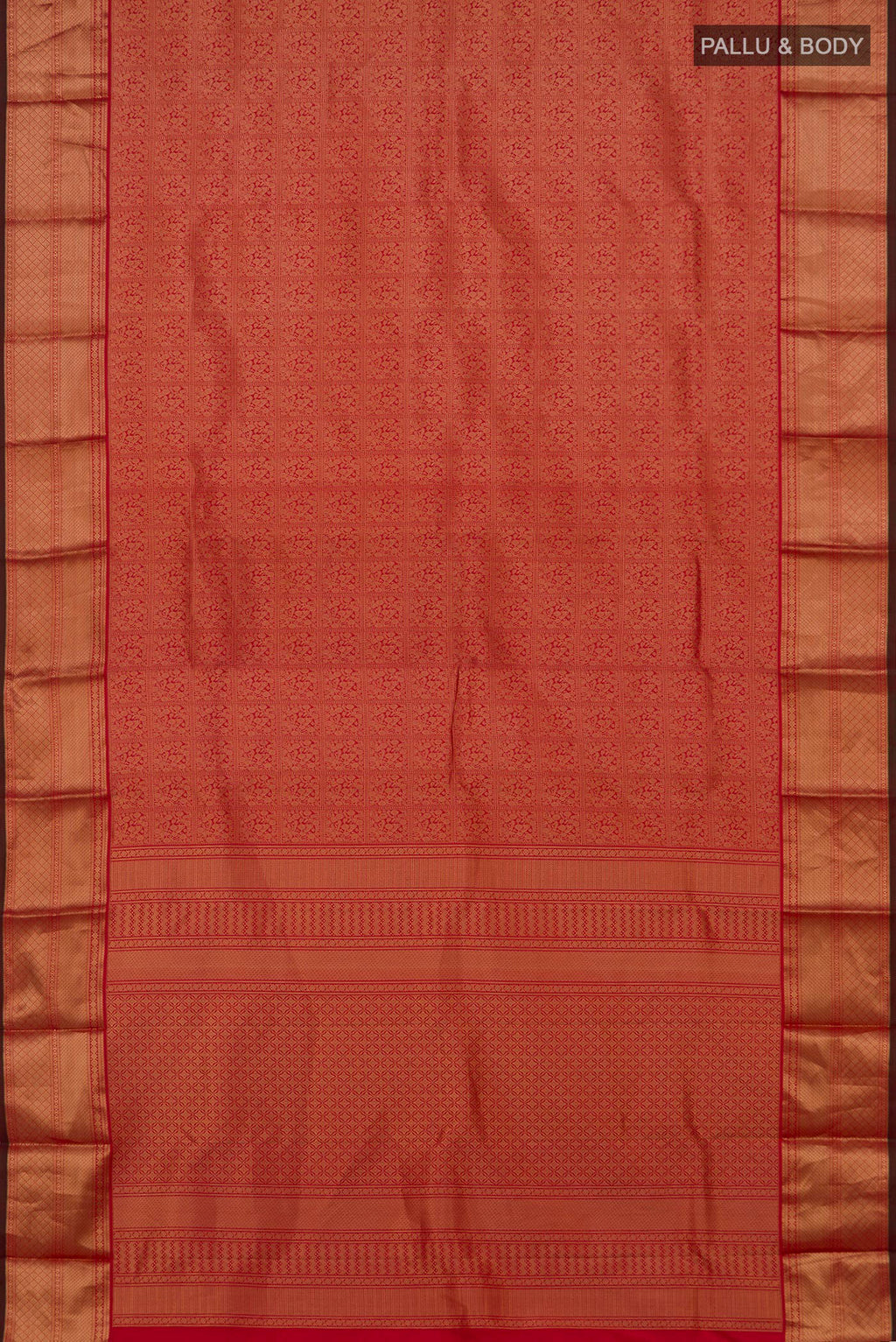 Flat view of Pure Silk Red Kanchipuram Saree with Zari Brocade on the body and Zari Border. 