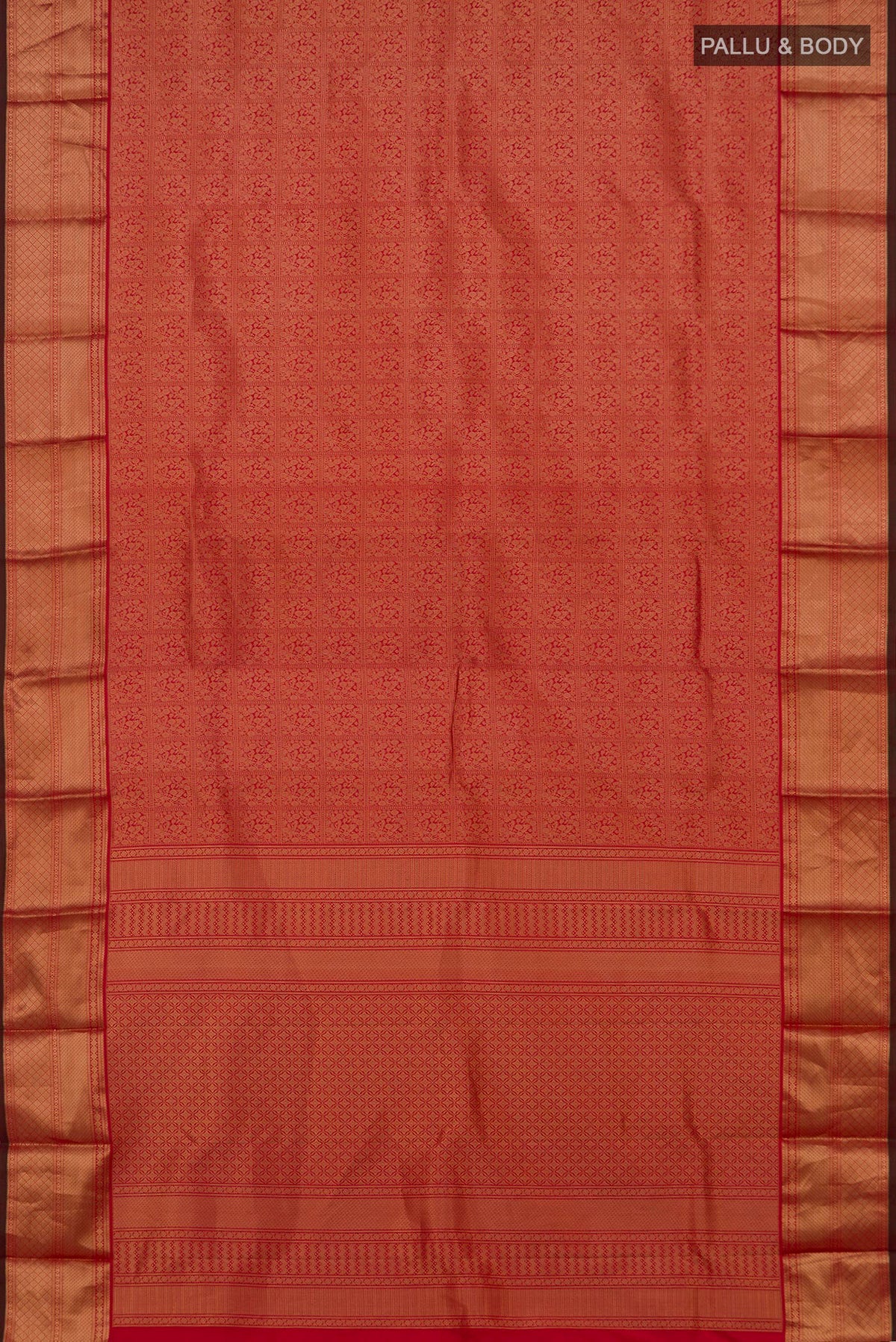 Flat view of Pure Silk Red Kanchipuram Saree with Zari Brocade on the body and Zari Border. 