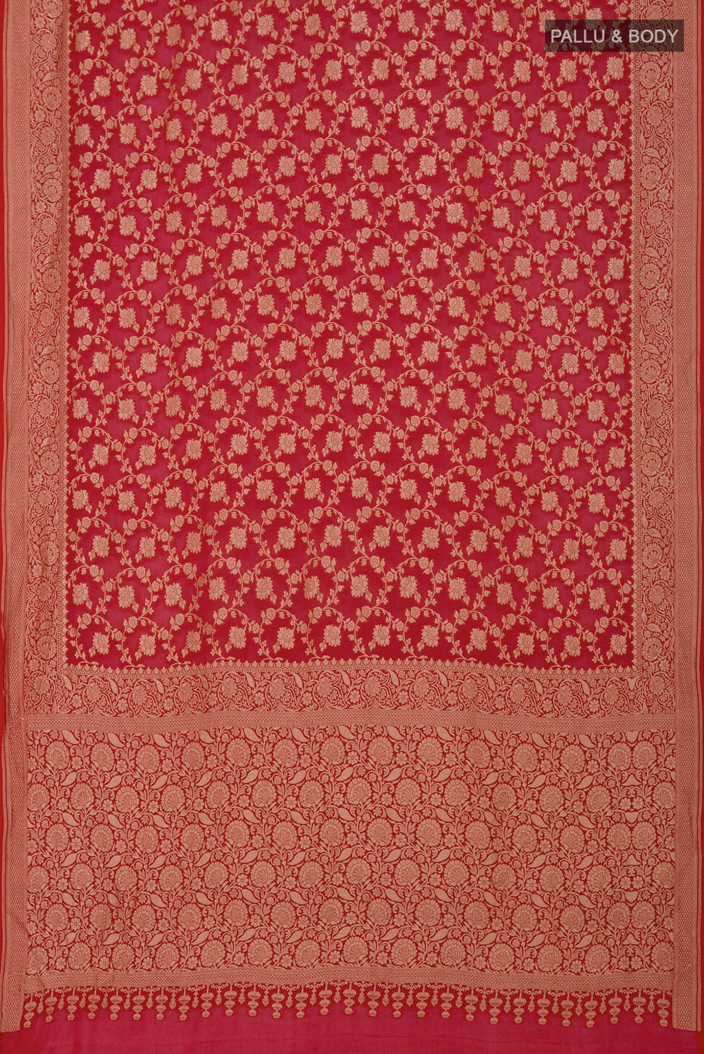 Flat view of Red Georgette Saree with Fancy on the body and Fancy Border. 