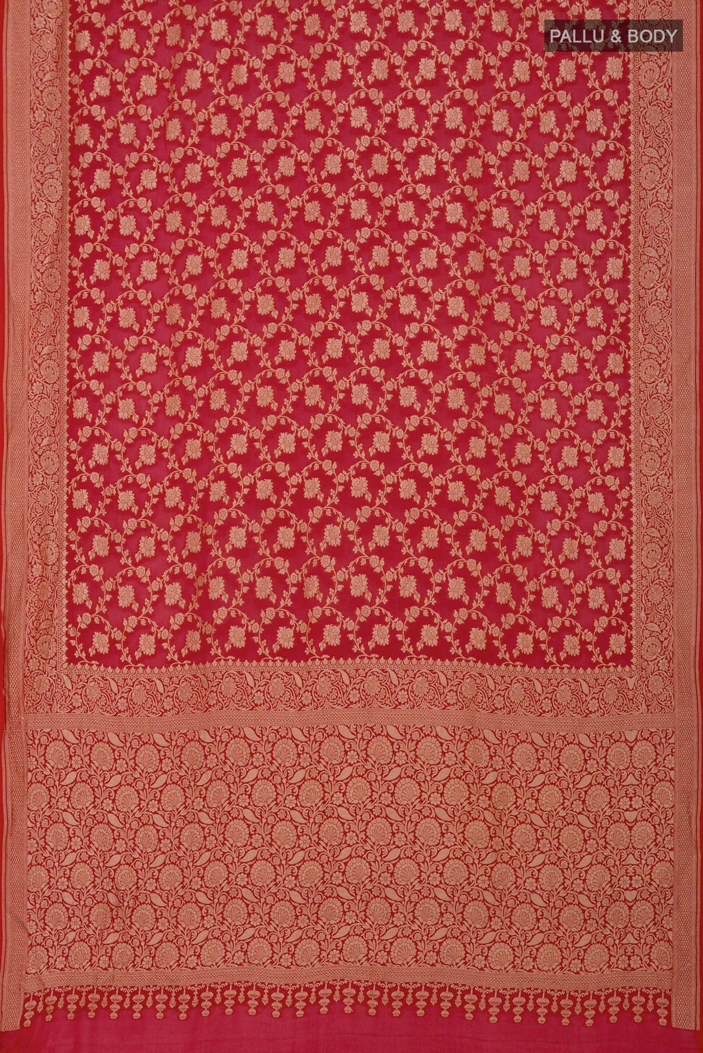 Flat view of Red Georgette Saree with Fancy on the body and Fancy Border. 