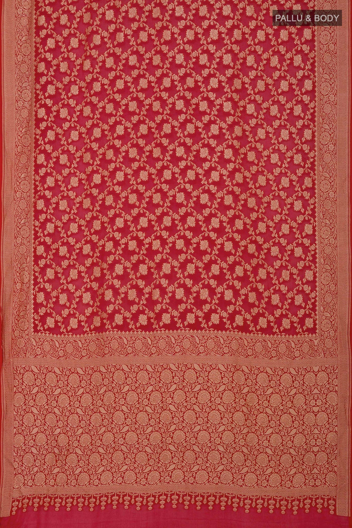 Flat view of Red Georgette Saree with Fancy on the body and Fancy Border. 