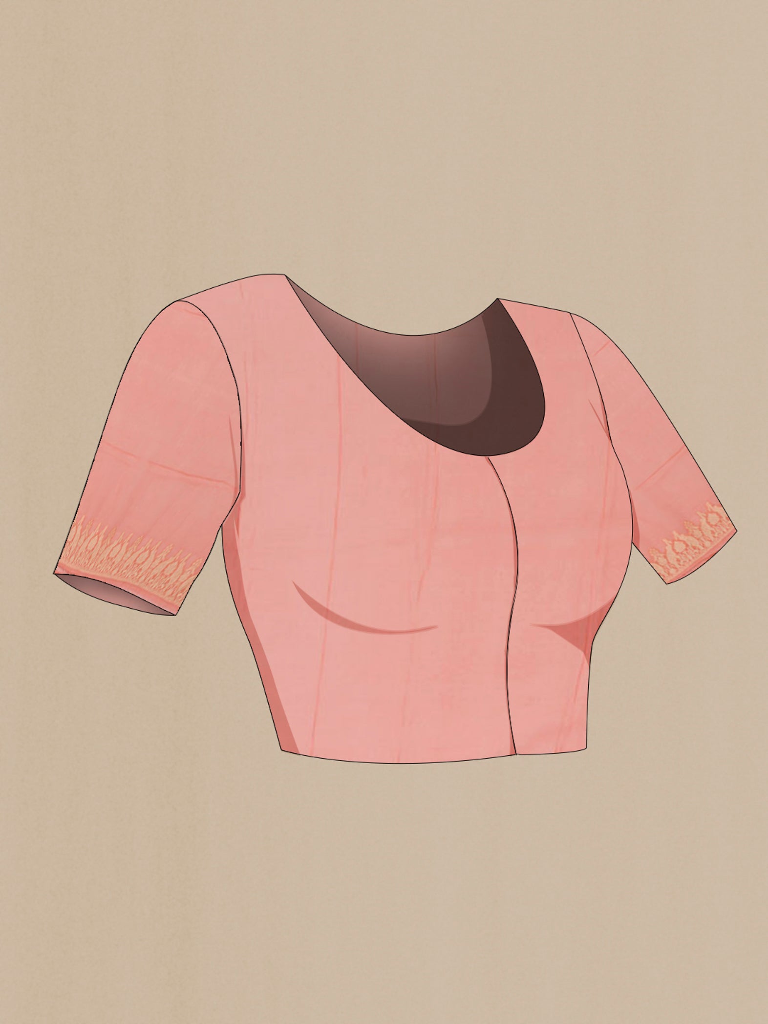 Close up image of the blouse of Peach Georgette Saree with Fancy on the body and Zari Border. 