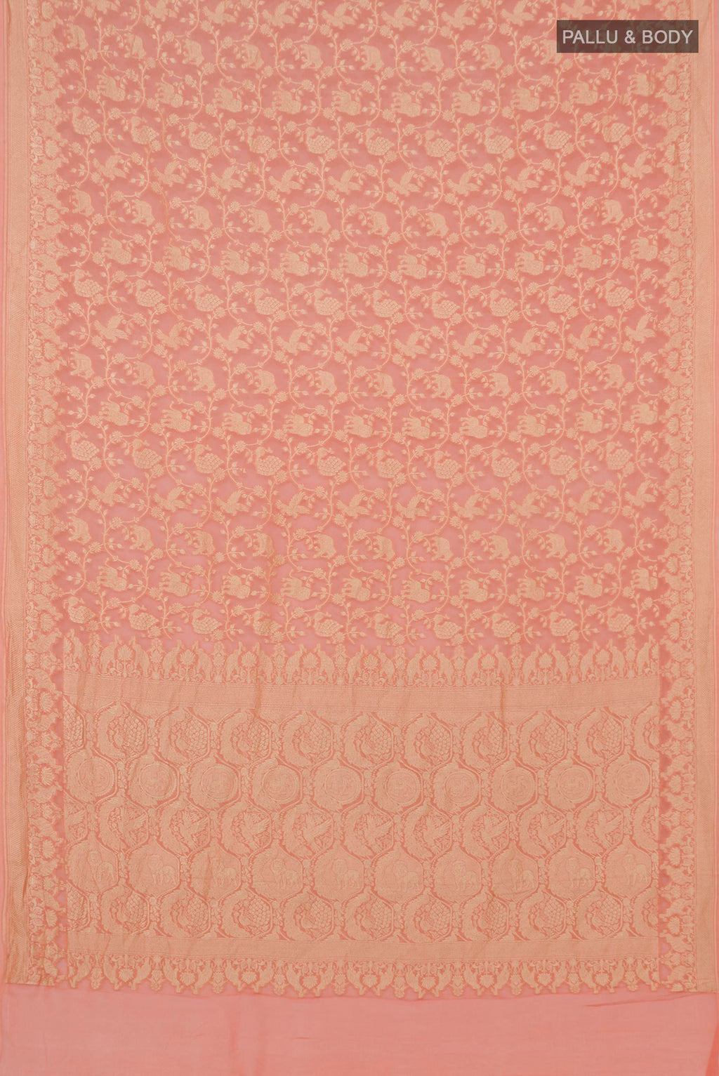 Flat view of Peach Georgette Saree with Fancy on the body and Zari Border. 