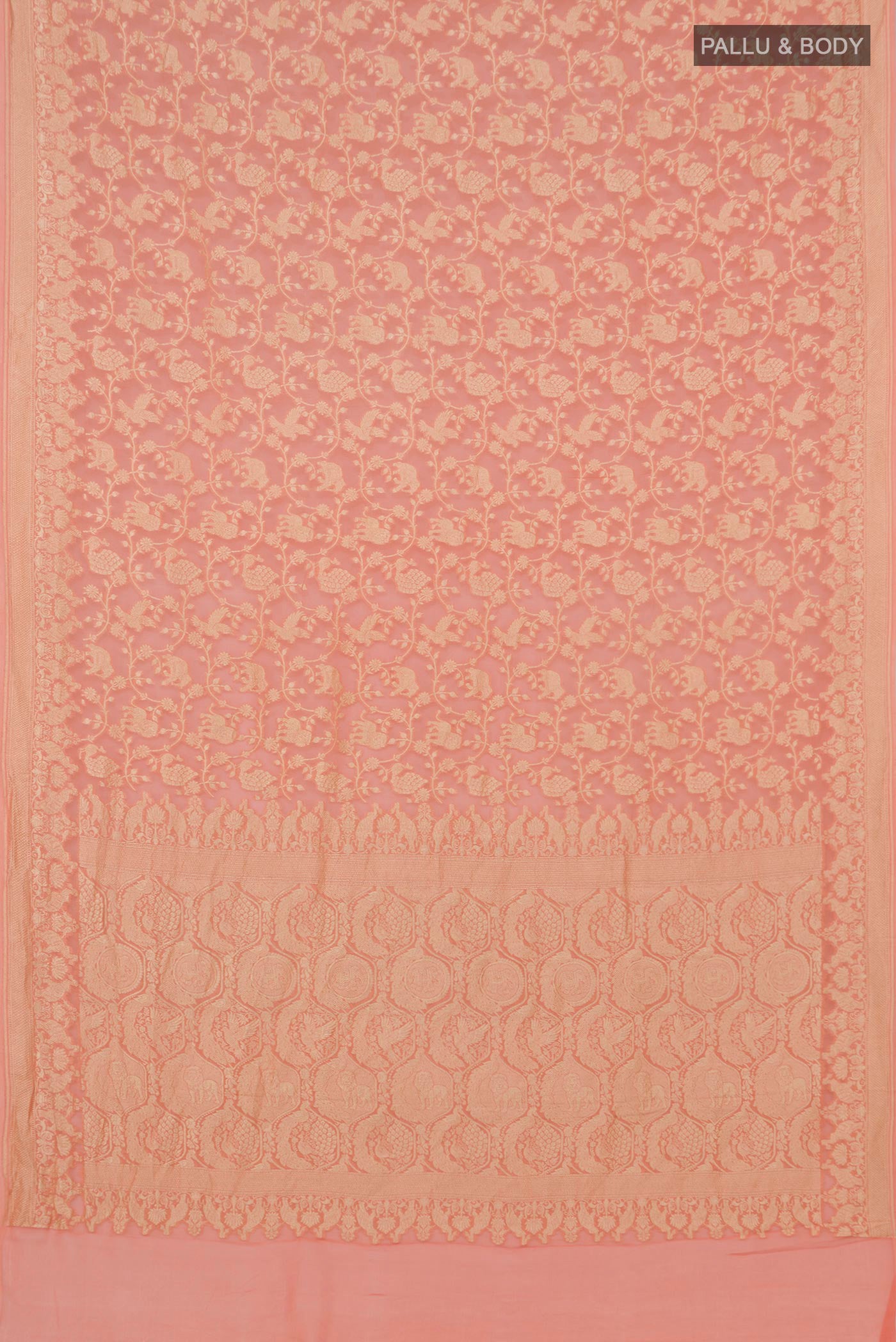 Flat view of Peach Georgette Saree with Fancy on the body and Zari Border. 