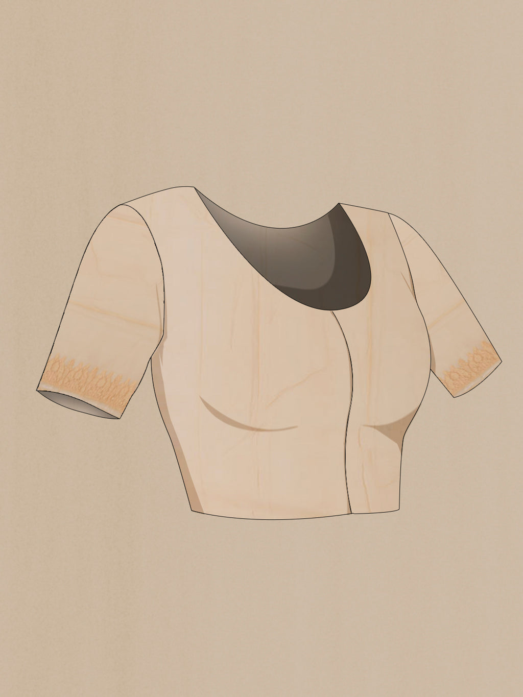 Close up image of the blouse of Cream Georgette Saree with Fancy on the body and Zari Border. 