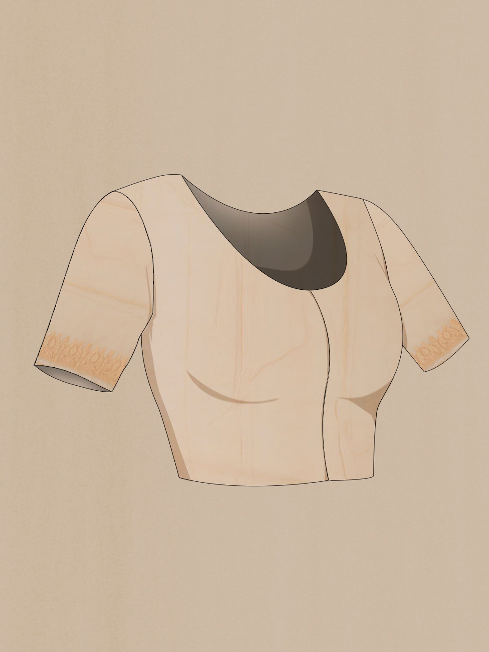 Close up image of the blouse of Cream Georgette Saree with Fancy on the body and Zari Border. 