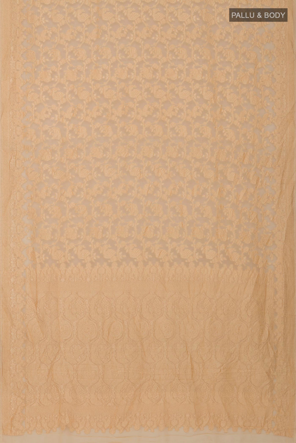 Flat view of Cream Georgette Saree with Fancy on the body and Zari Border. 