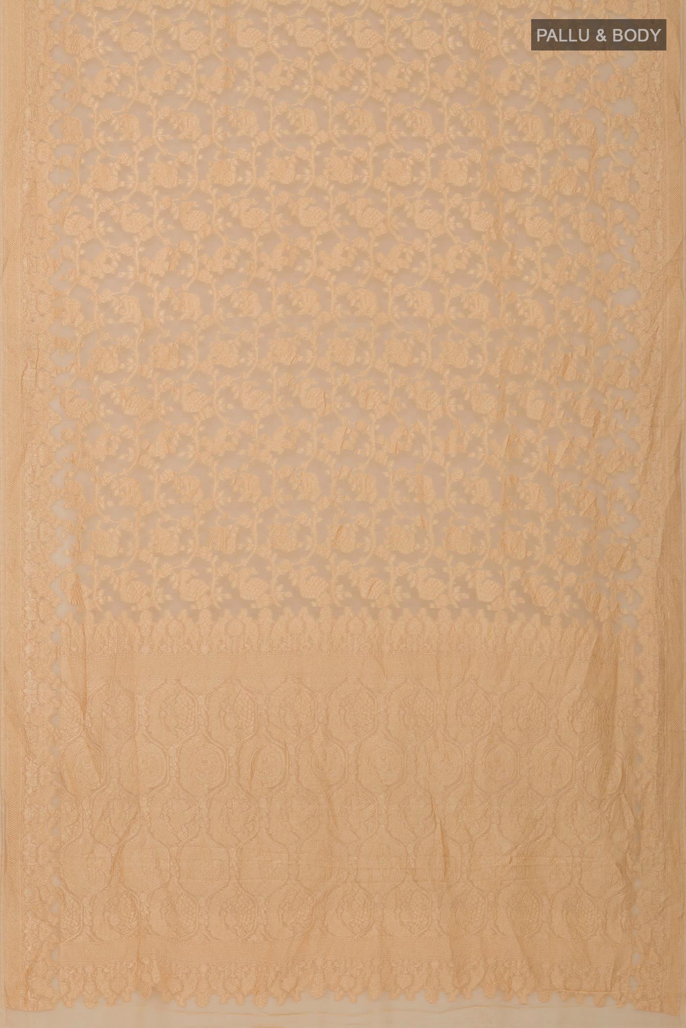 Flat view of Cream Georgette Saree with Fancy on the body and Zari Border. 