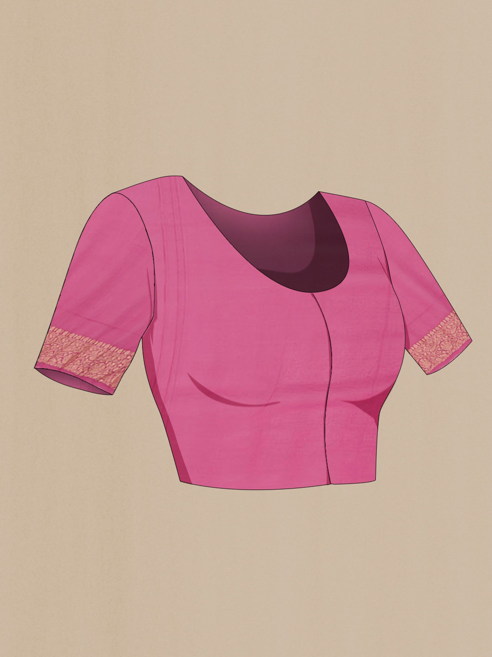 Close up image of the blouse of Pink Georgette Saree with Zari Butta on the body and Zari Border. 