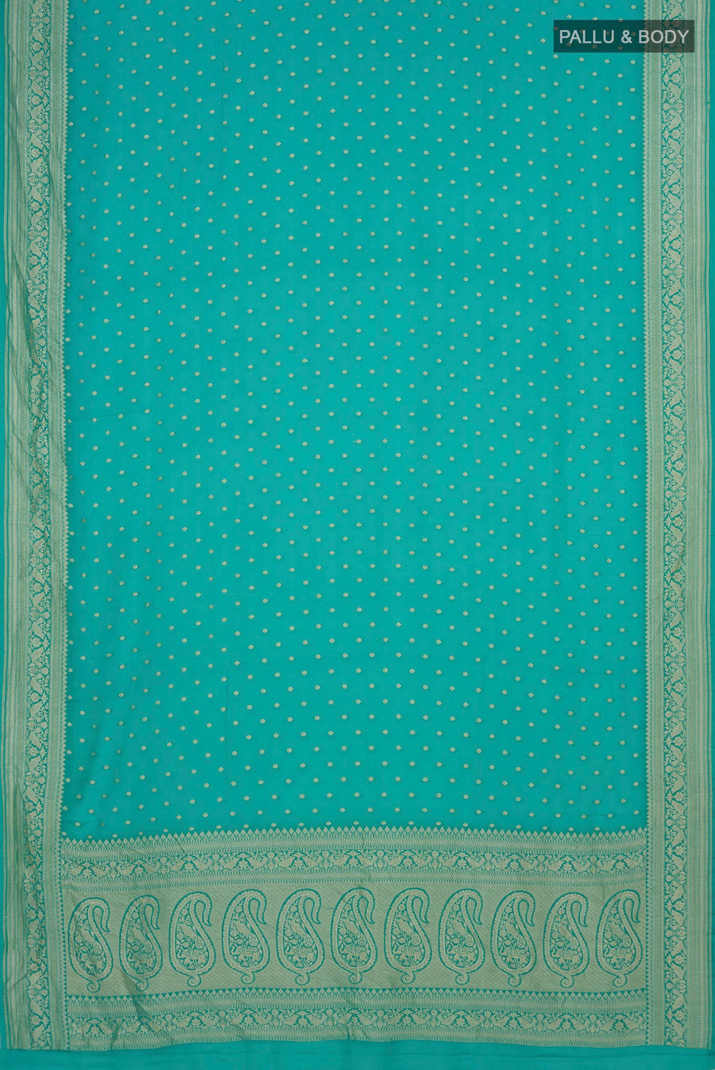 Flat view of Turquoise Banarasi Georgette Saree with Zari Butta on the body and Zari Border. 
