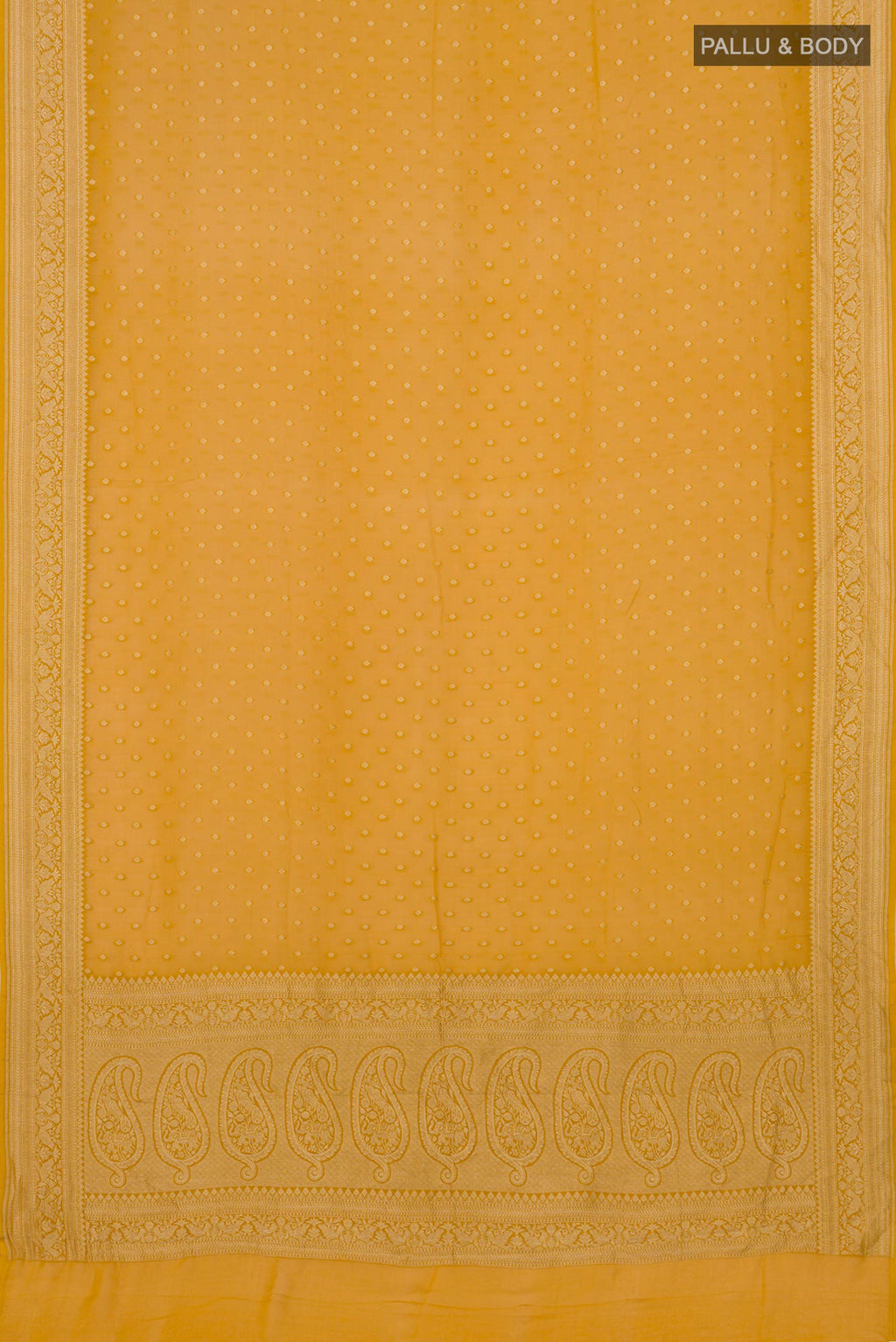Flat view of Yellow Georgette Saree with Zari Butta on the body and Zari Border. 