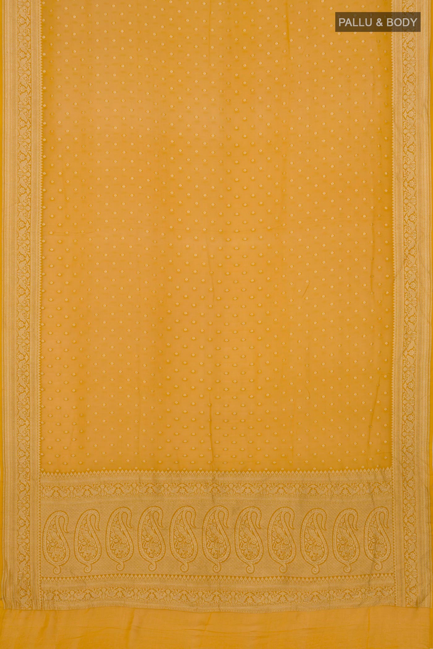Flat view of Yellow Georgette Saree with Zari Butta on the body and Zari Border. 