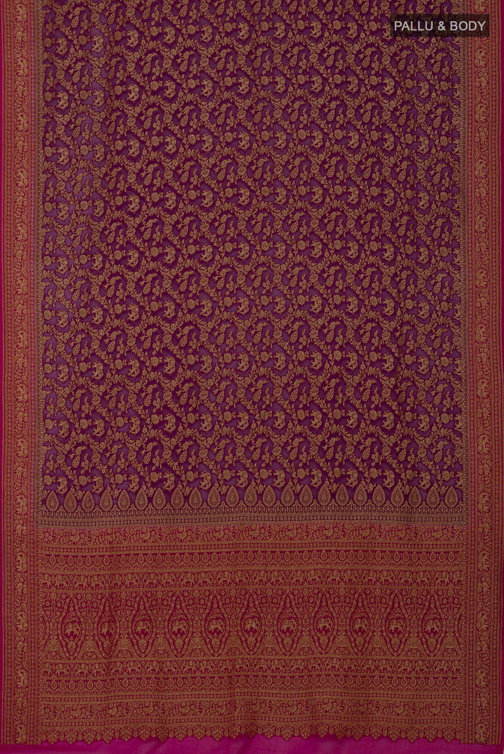 Flat view of Purple Banarasi Georgette Saree with Fancy on the body and Fancy Border. 
