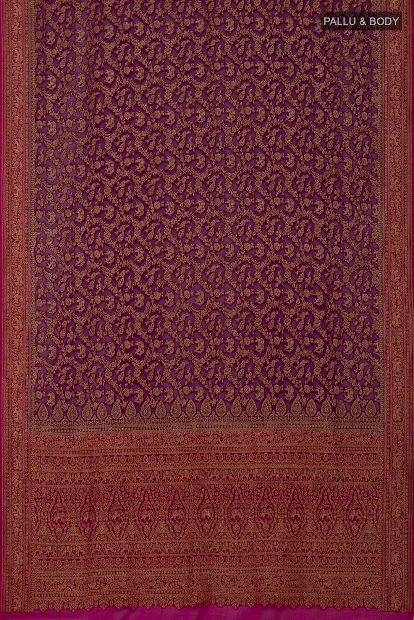Flat view of Purple Banarasi Georgette Saree with Fancy on the body and Fancy Border. 