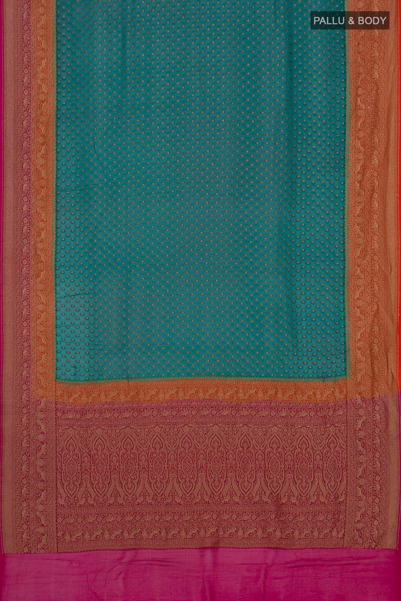 Flat view of Green Georgette Saree with Zari Butta on the body and Zari Border. 