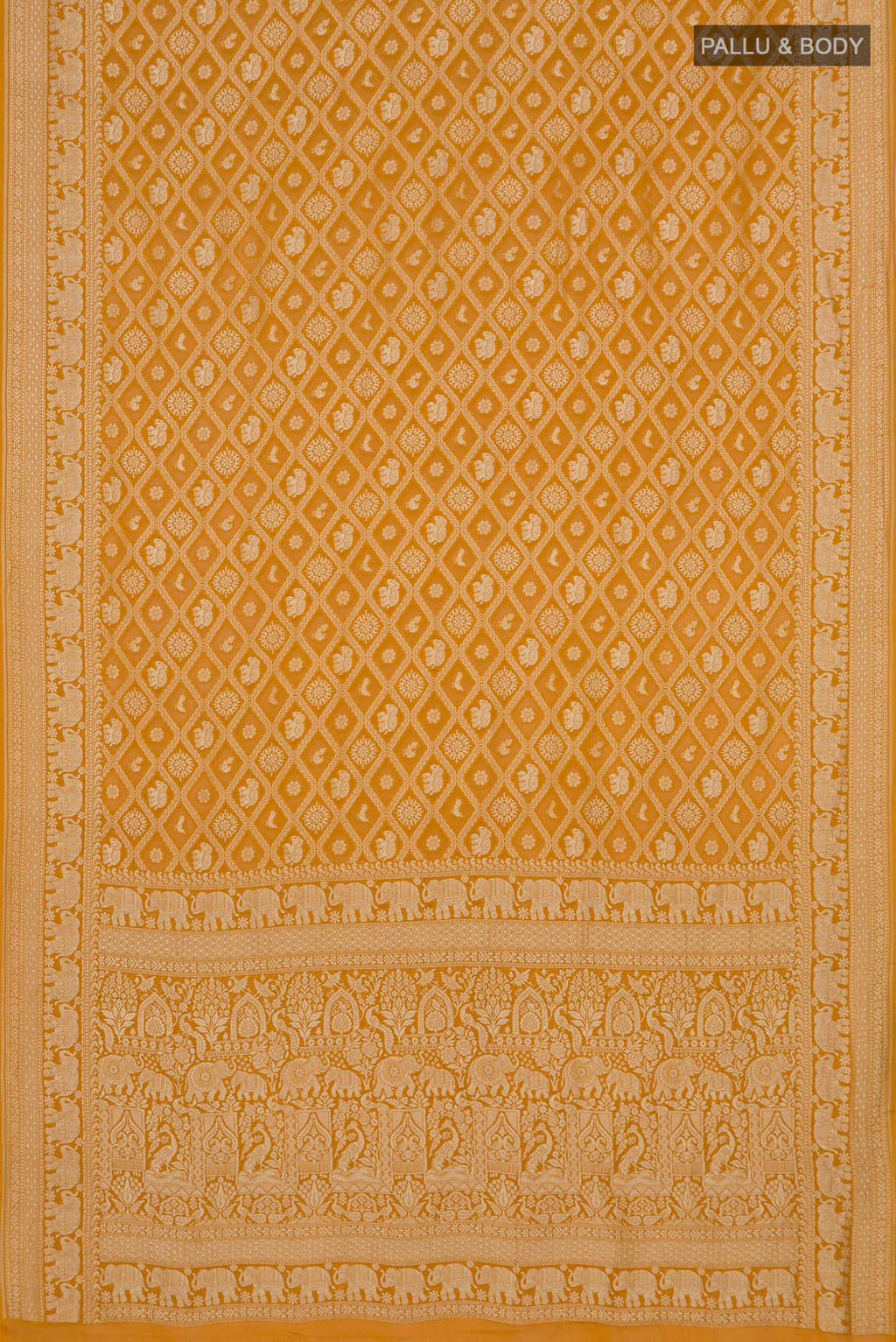 Flat view of Yellow Banarasi Georgette Saree with Zari Brocade on the body and Zari Border. 