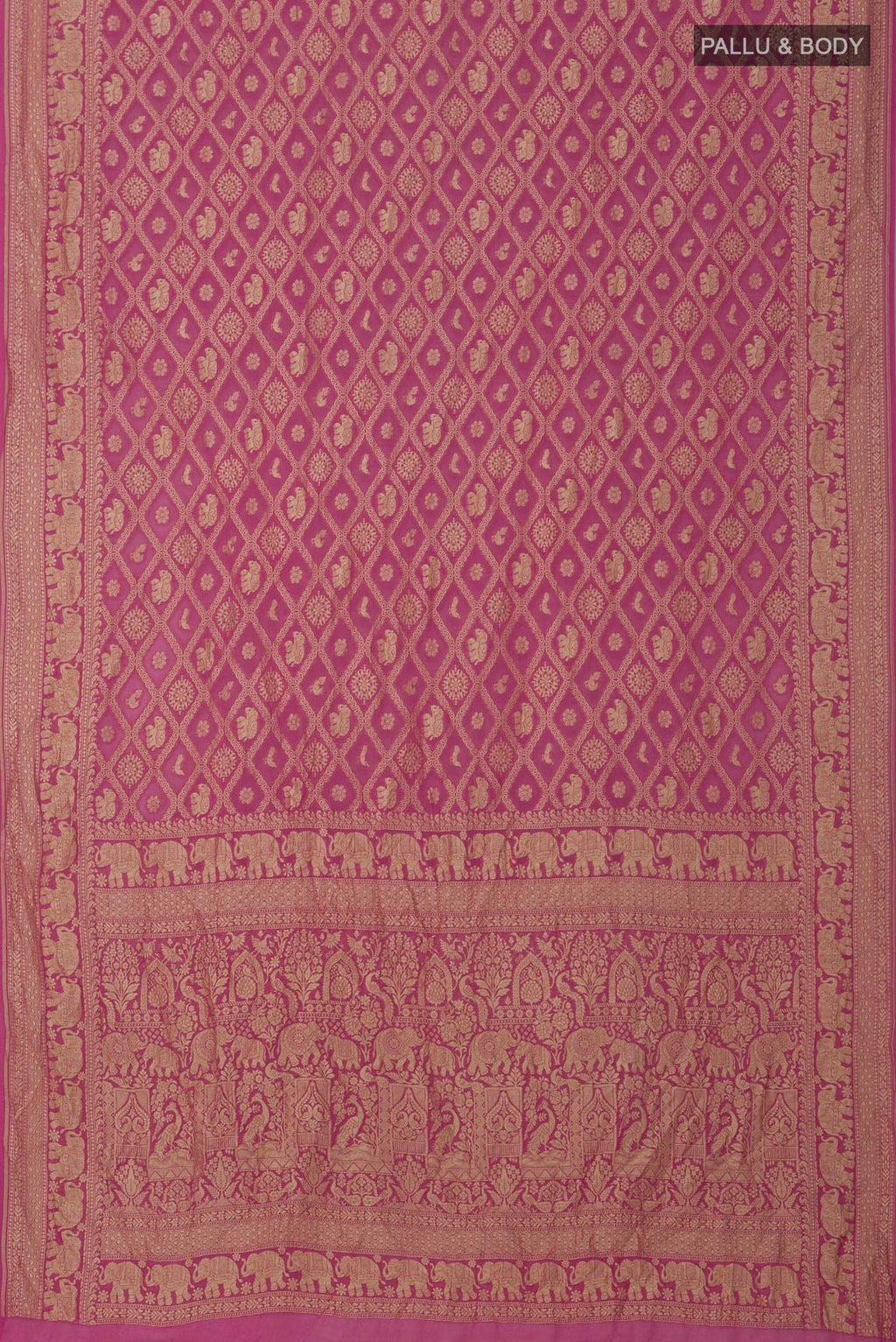 Flat view of Pink Banarasi Georgette Saree with Zari Brocade on the body and Zari Border. 