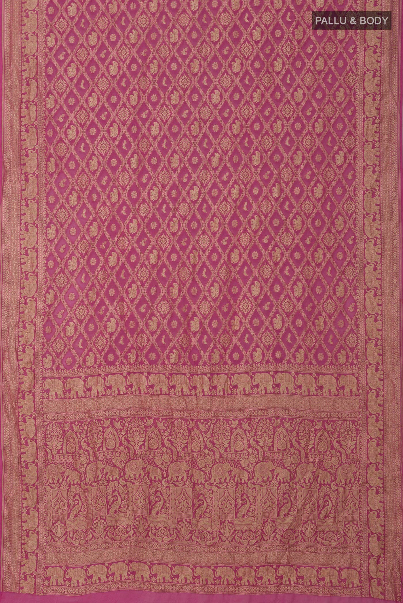 Flat view of Pink Banarasi Georgette Saree with Zari Brocade on the body and Zari Border. 