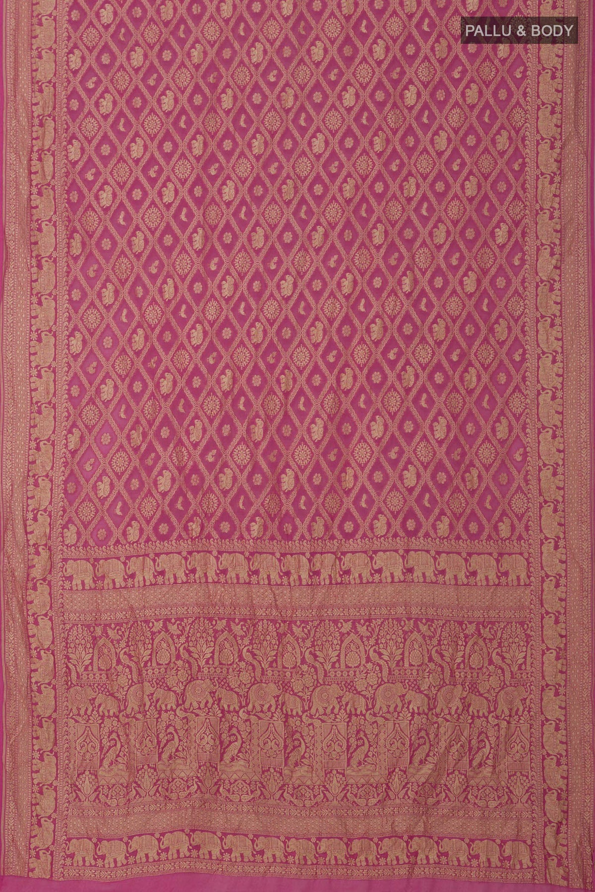 Flat view of Pink Banarasi Georgette Saree with Zari Brocade on the body and Zari Border. 