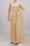 Cream Banarasi Georgette Saree with Zari Brocade on the body and Zari Border.  displayed on a mannequin