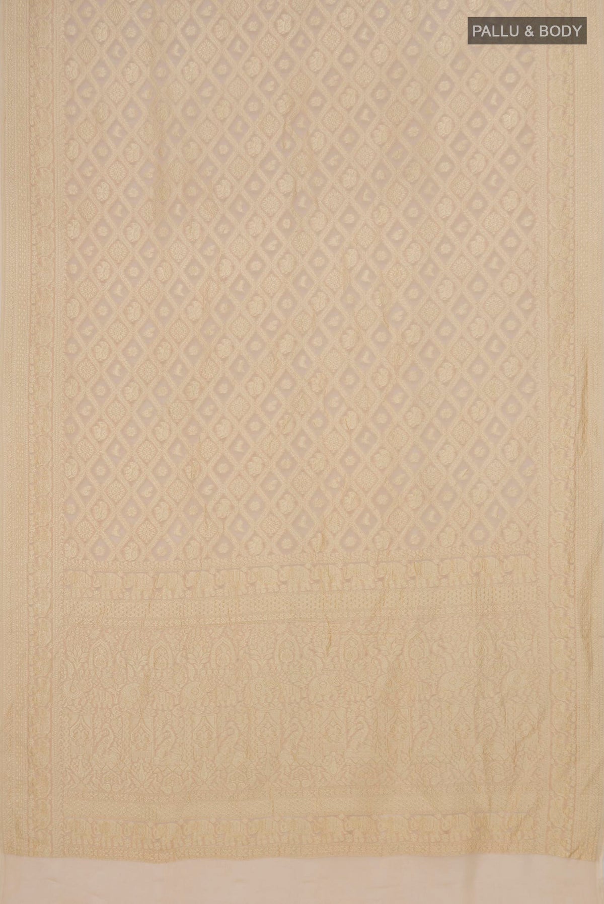 Flat view of Cream Banarasi Georgette Saree with Zari Brocade on the body and Zari Border. 