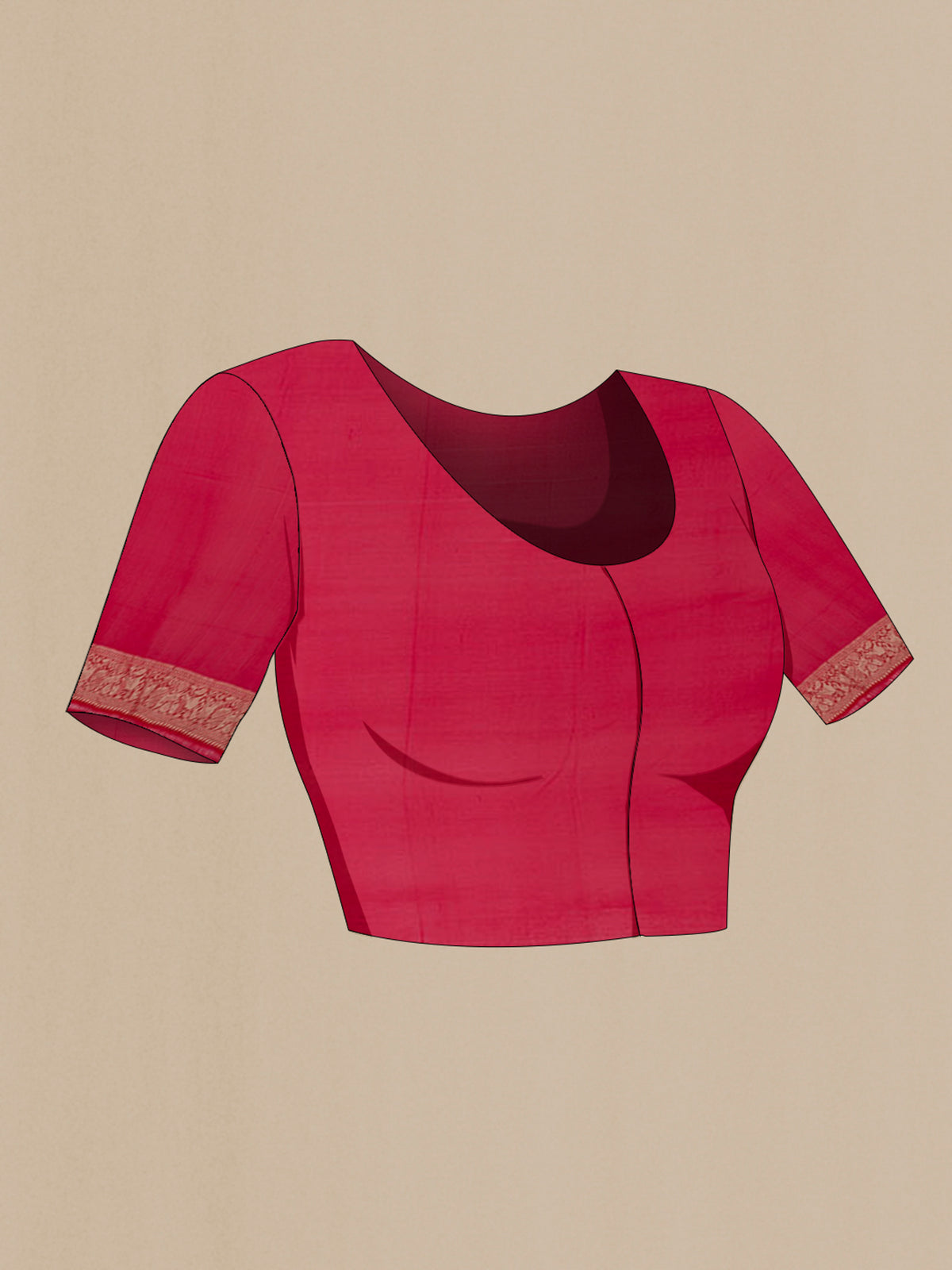 Close up image of the blouse of Red Banarasi Georgette Saree with Fancy on the body and Zari Border. 