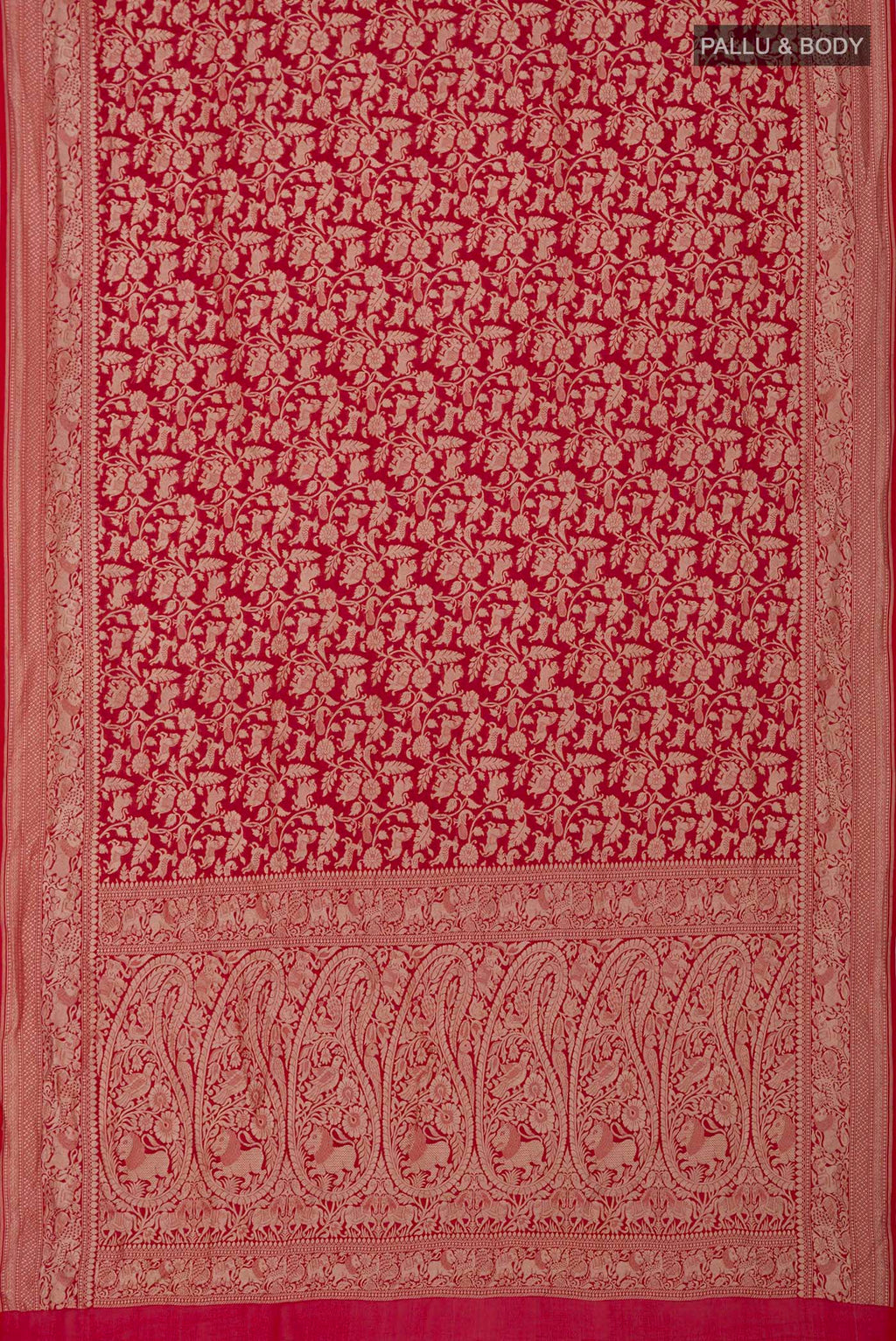 Flat view of Red Banarasi Georgette Saree with Fancy on the body and Zari Border. 