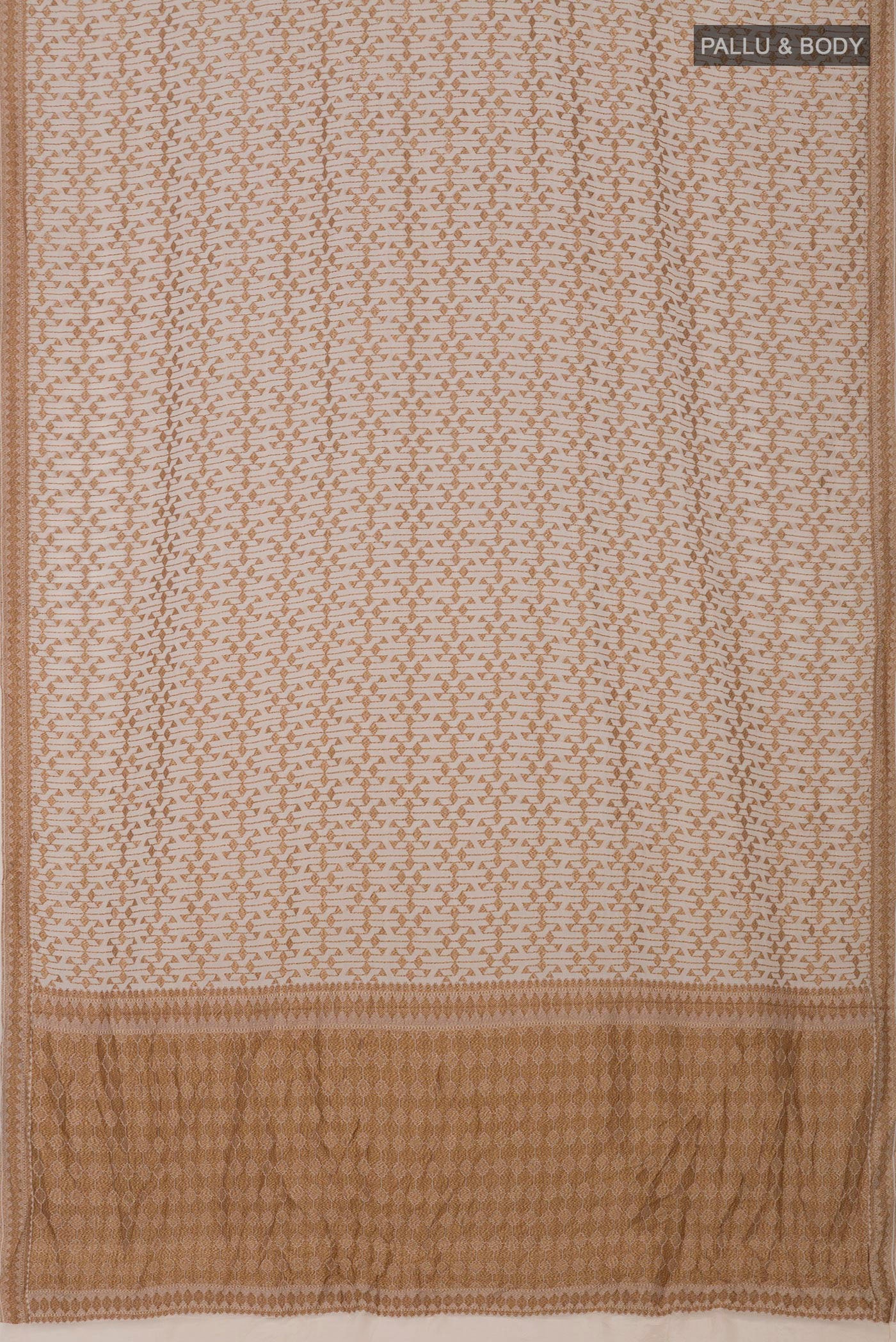 Flat view of Cream Banarasi Georgette Saree with Fancy on the body and Zari Border. 