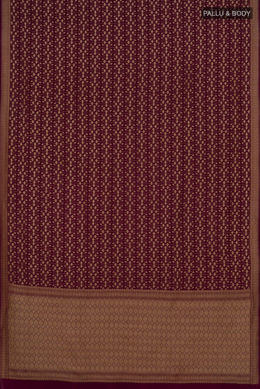 Flat view of Maroon Banarasi Georgette Saree with Zari Brocade on the body and Zari Border. 