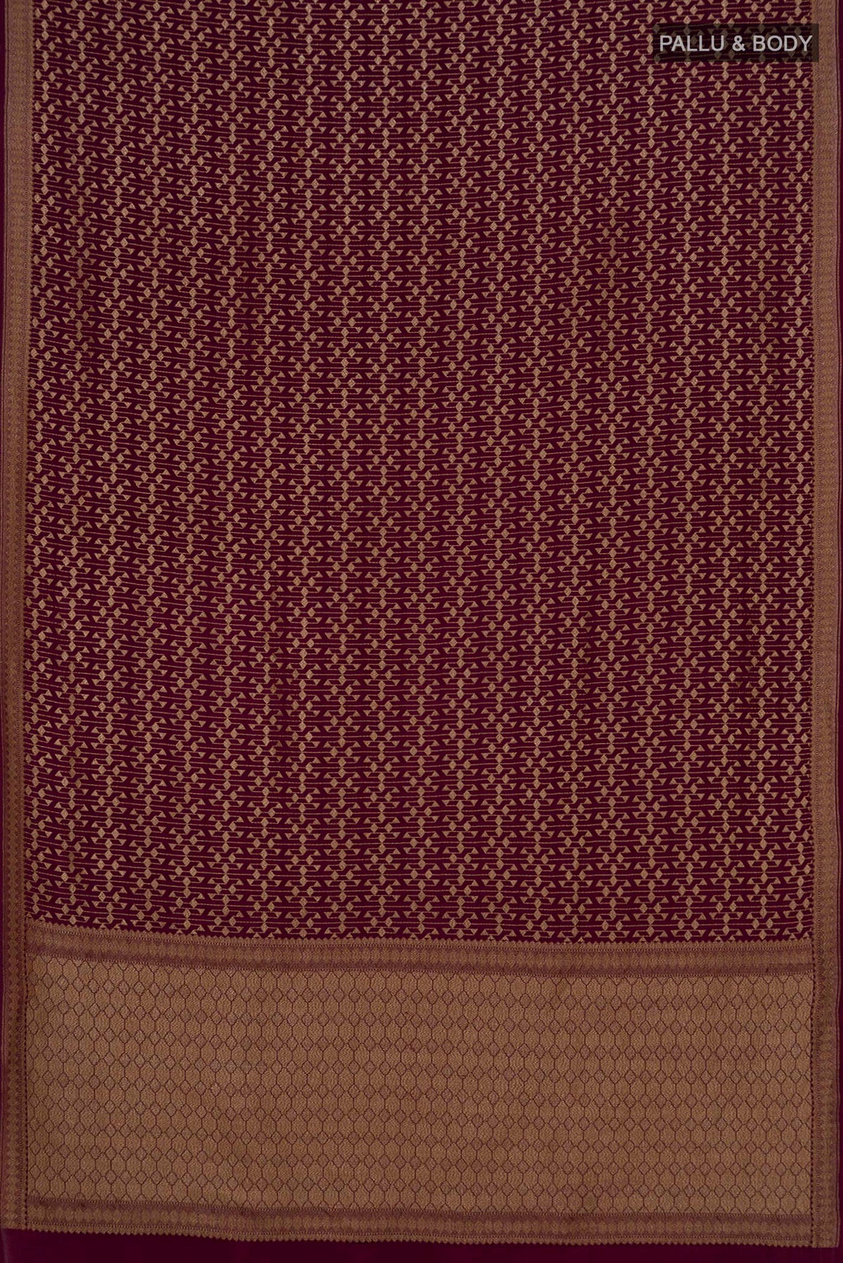 Flat view of Maroon Banarasi Georgette Saree with Zari Brocade on the body and Zari Border. 