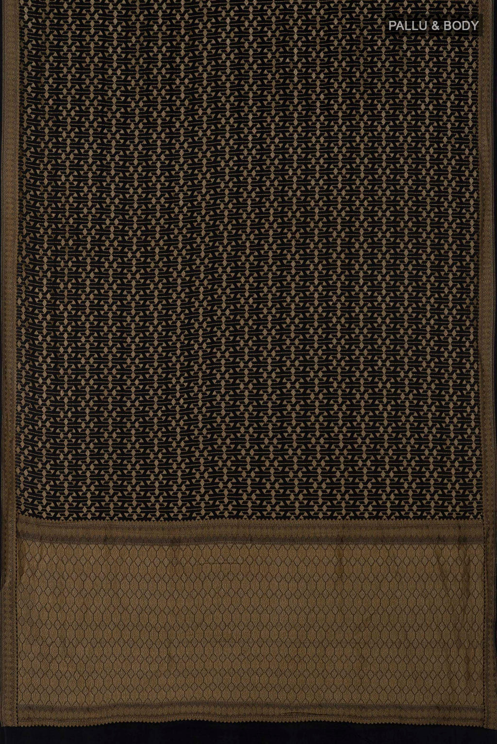 Flat view of Black Georgette Saree with Fancy on the body and Zari Border. 