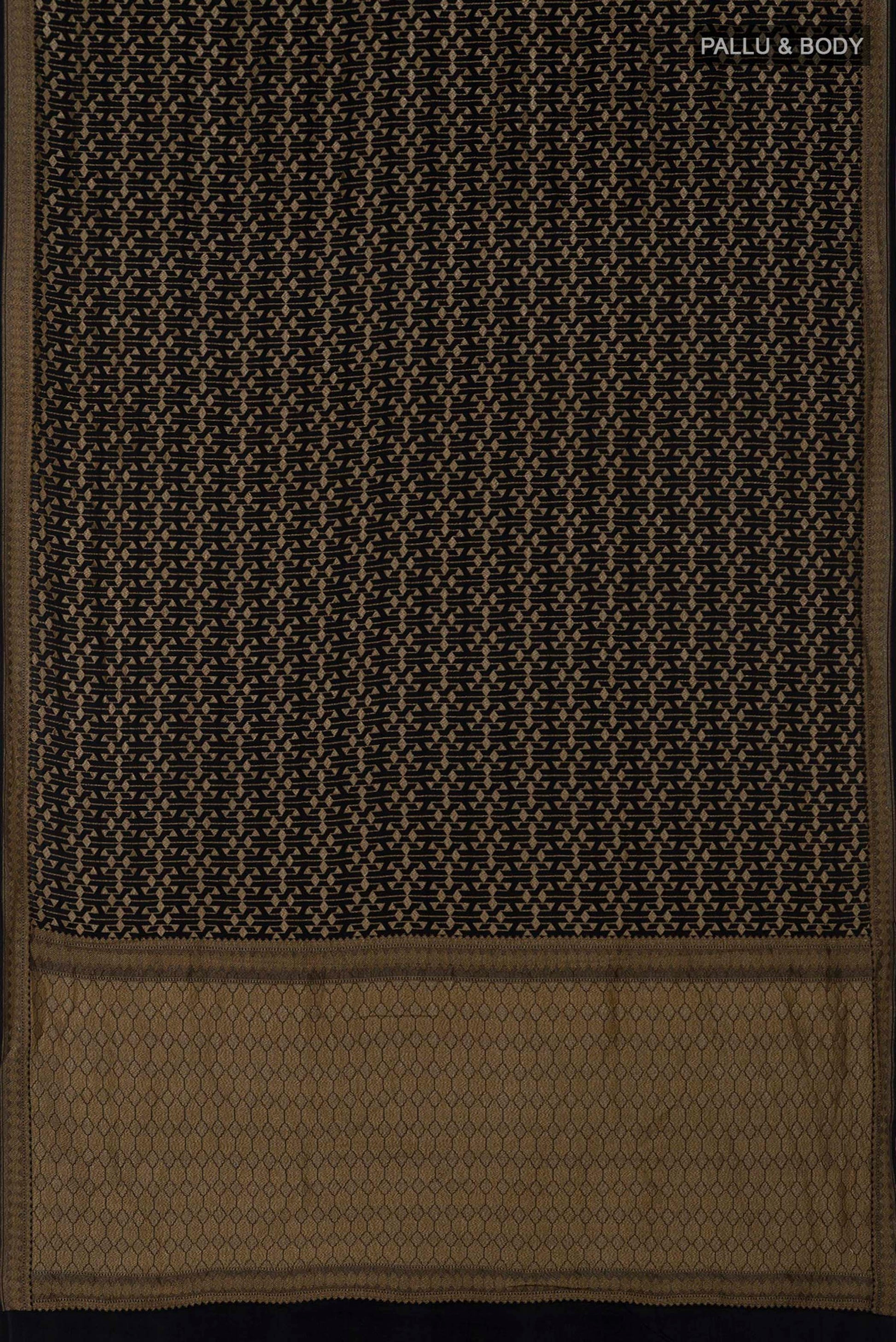 Flat view of Black Georgette Saree with Fancy on the body and Zari Border. 