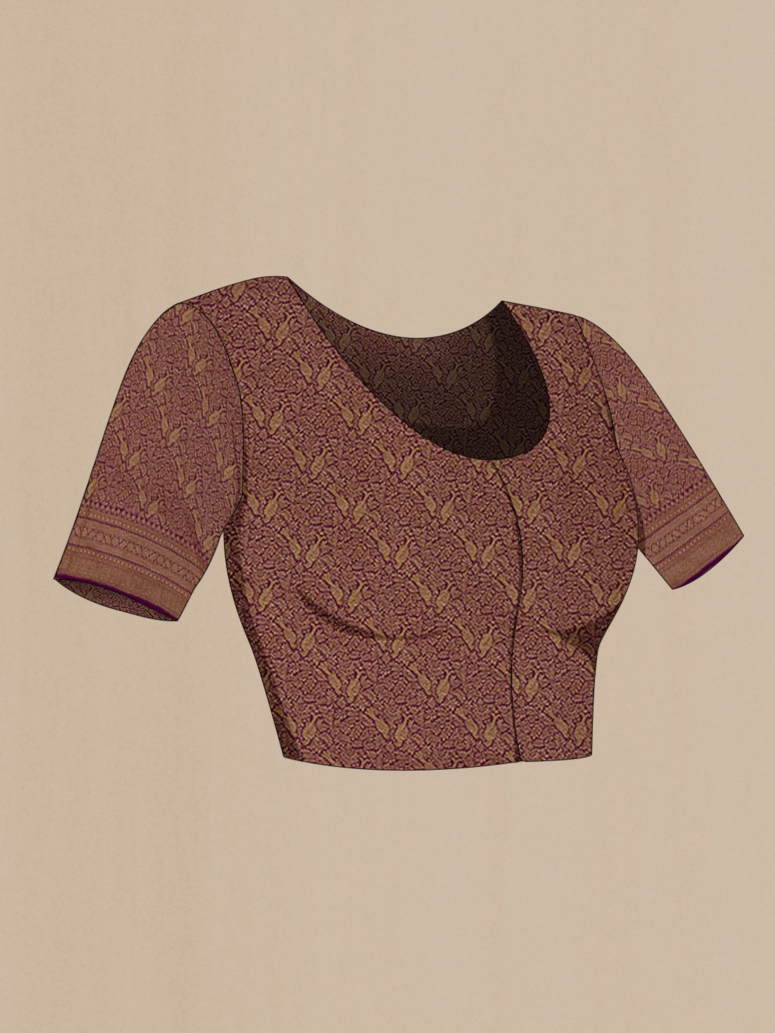 Close up image of the blouse of Purple Georgette Saree with Fancy on the body and Zari Border. 