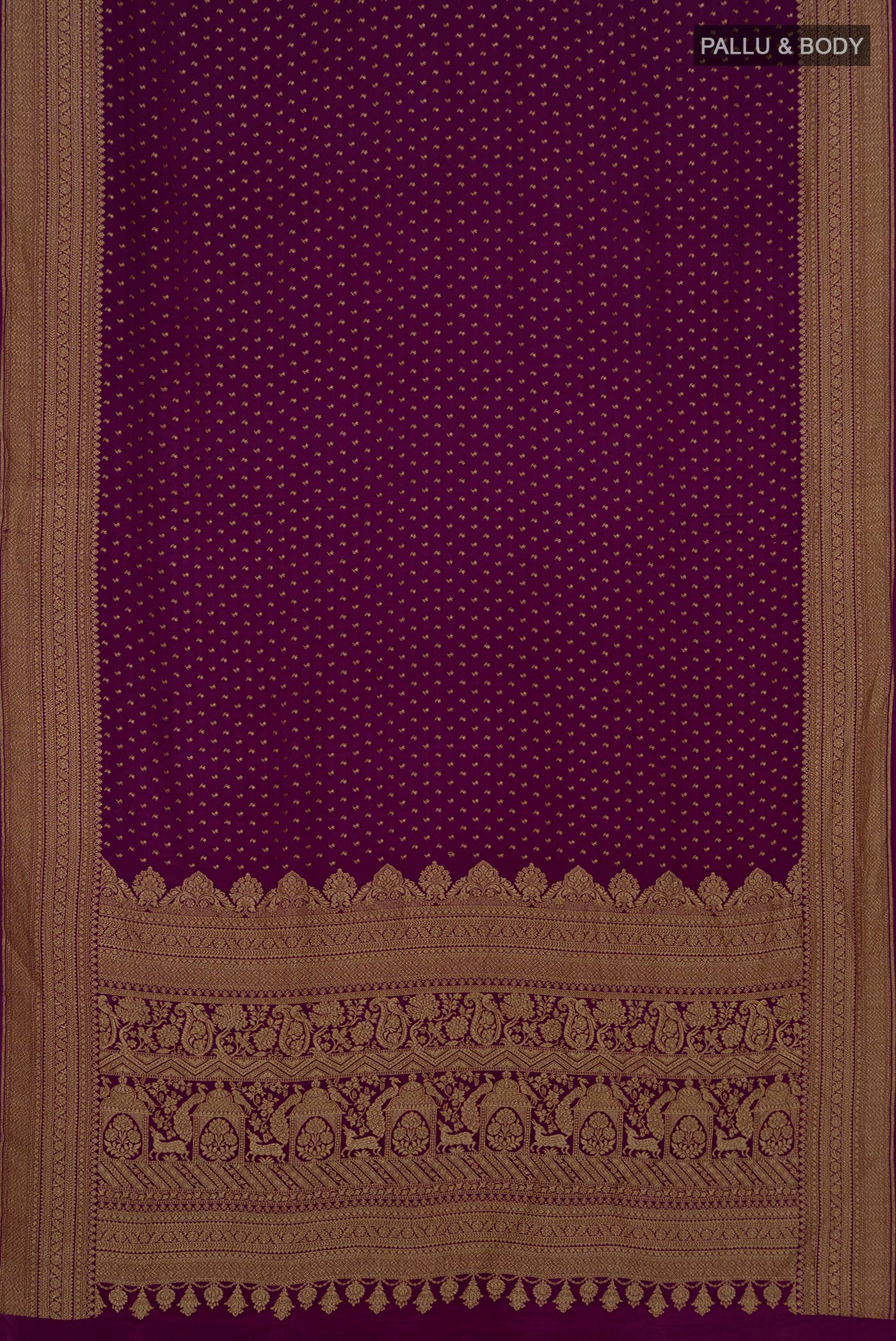 Flat view of Purple Georgette Saree with Fancy on the body and Zari Border. 