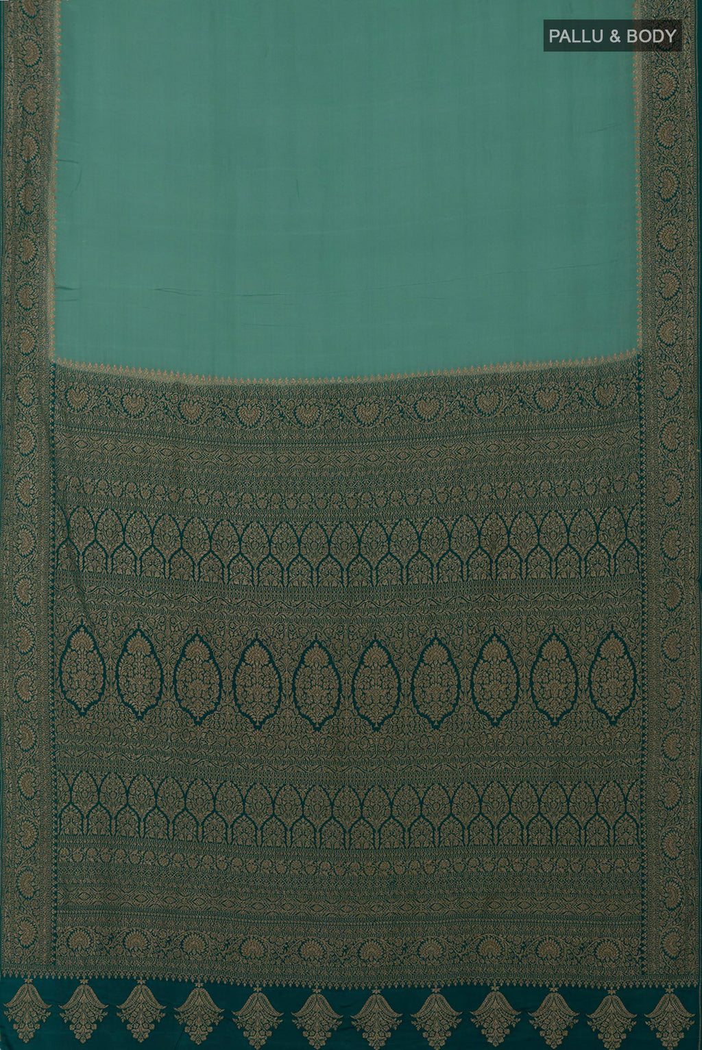 Flat view of Sea Green Georgette Saree with Plain Body and Fancy Border. 