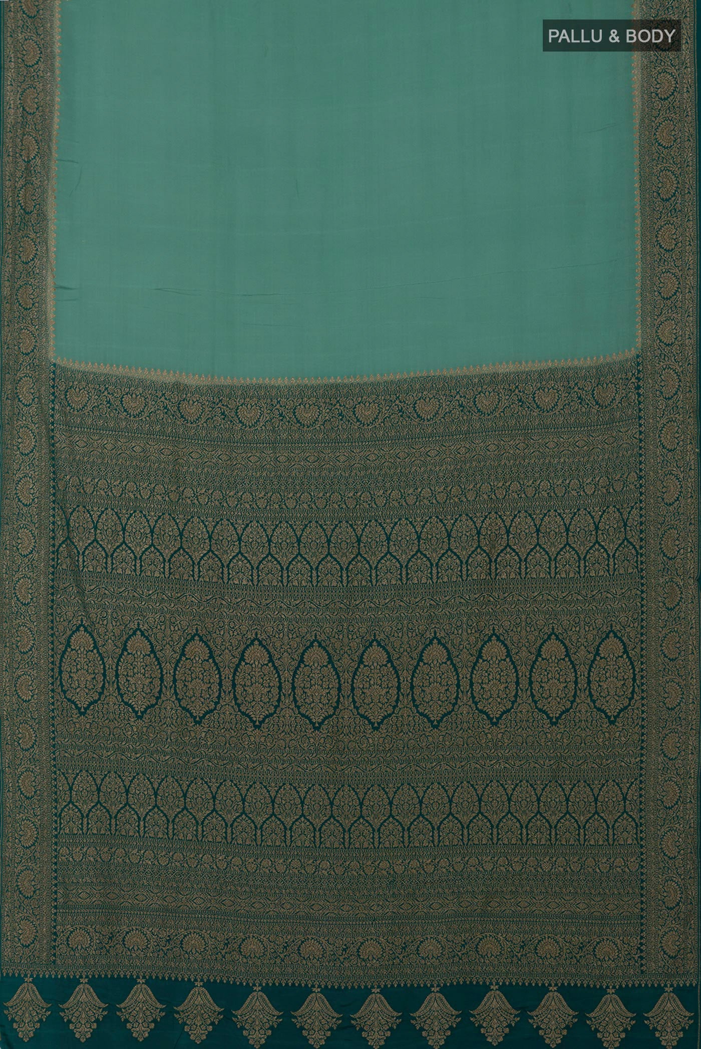 Flat view of Sea Green Georgette Saree with Plain Body and Fancy Border. 