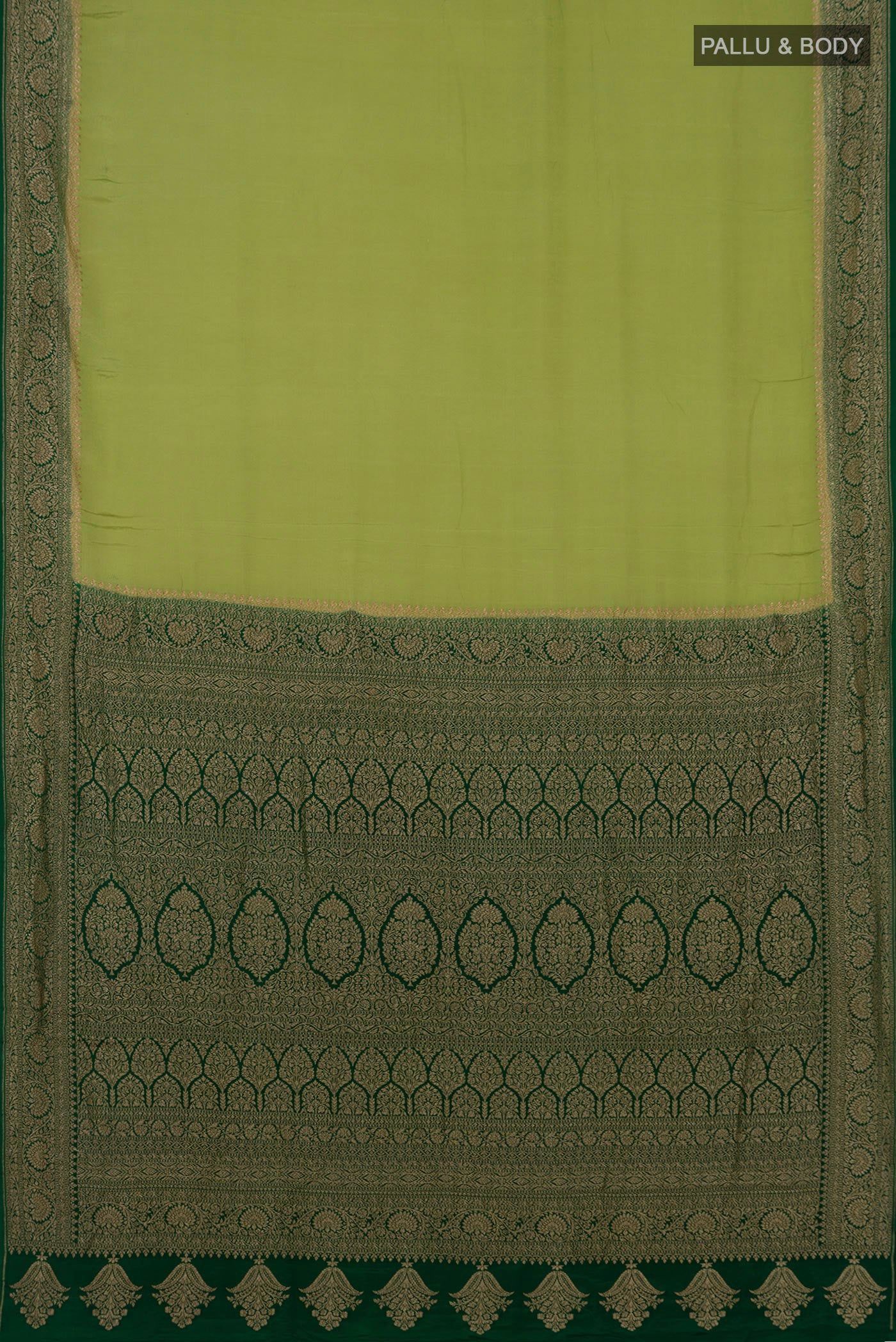 Flat view of Light Green Georgette Saree with Fancy on the body and Zari Border. 