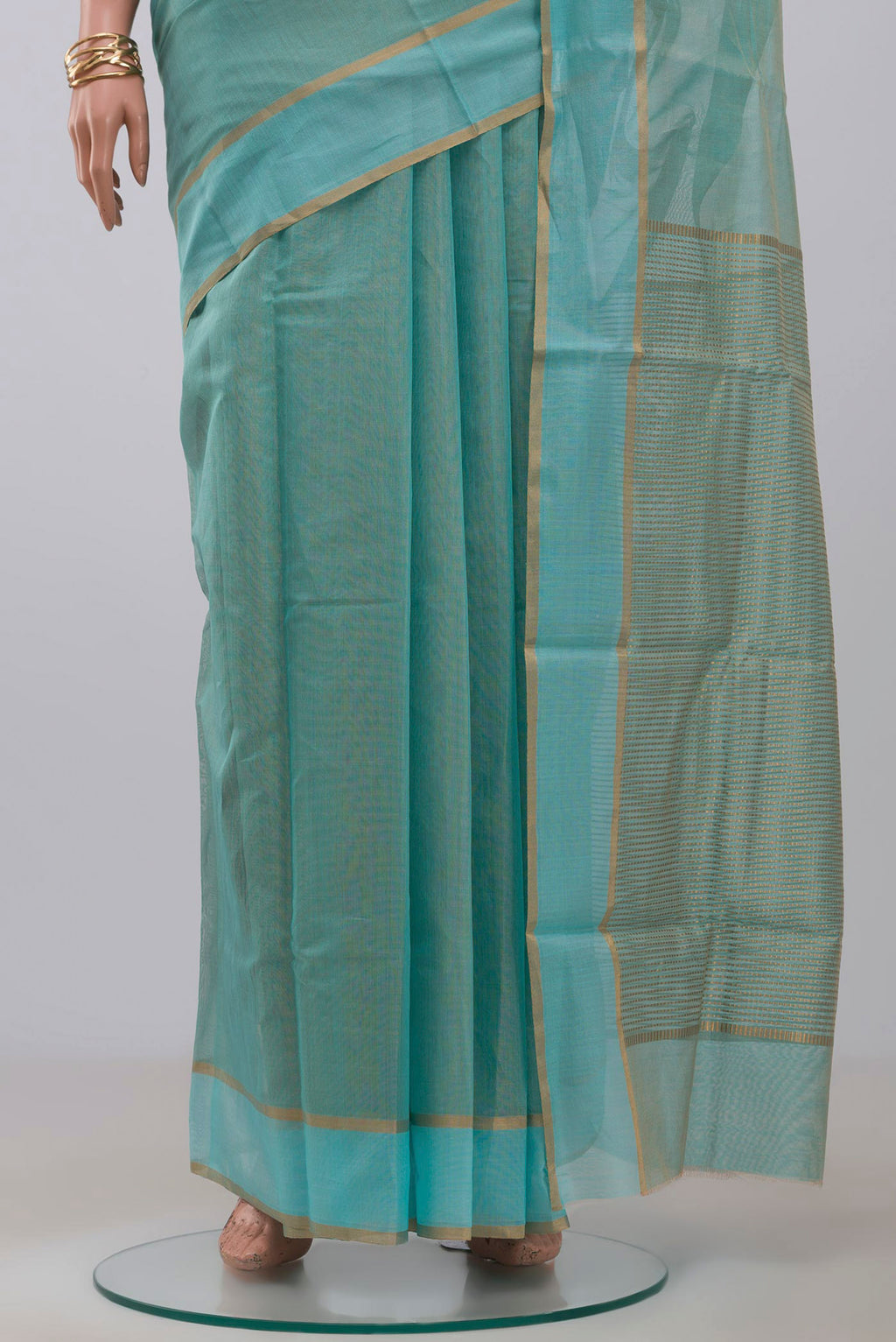 Pleats and pallu of Blue Chanderi Silk Cotton Saree with Plain Body and Zari Border. 