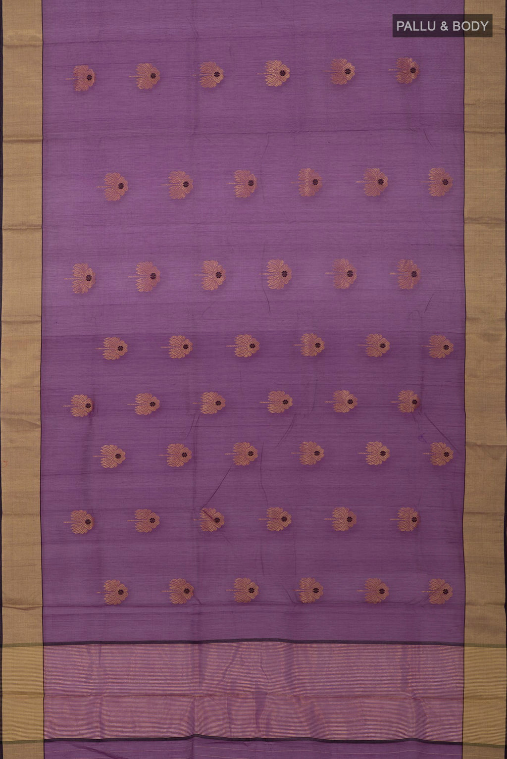 Flat view of Purple Chanderi Silk Cotton Saree with Zari Butta on the body and Zari Border. 