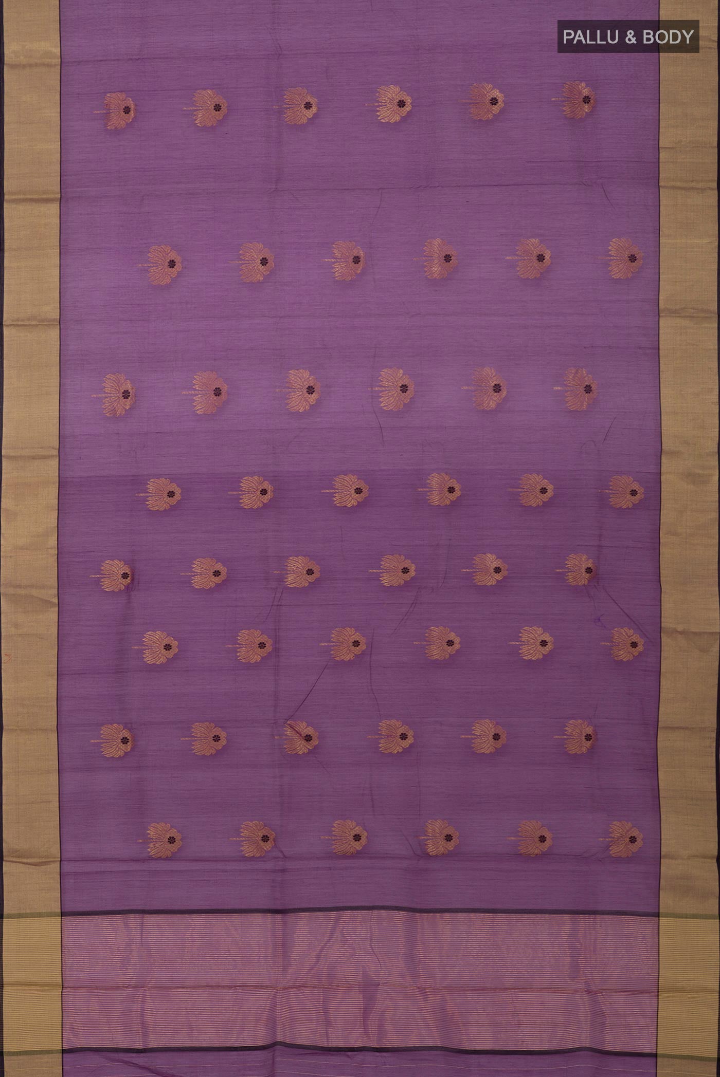 Flat view of Purple Chanderi Silk Cotton Saree with Zari Butta on the body and Zari Border. 
