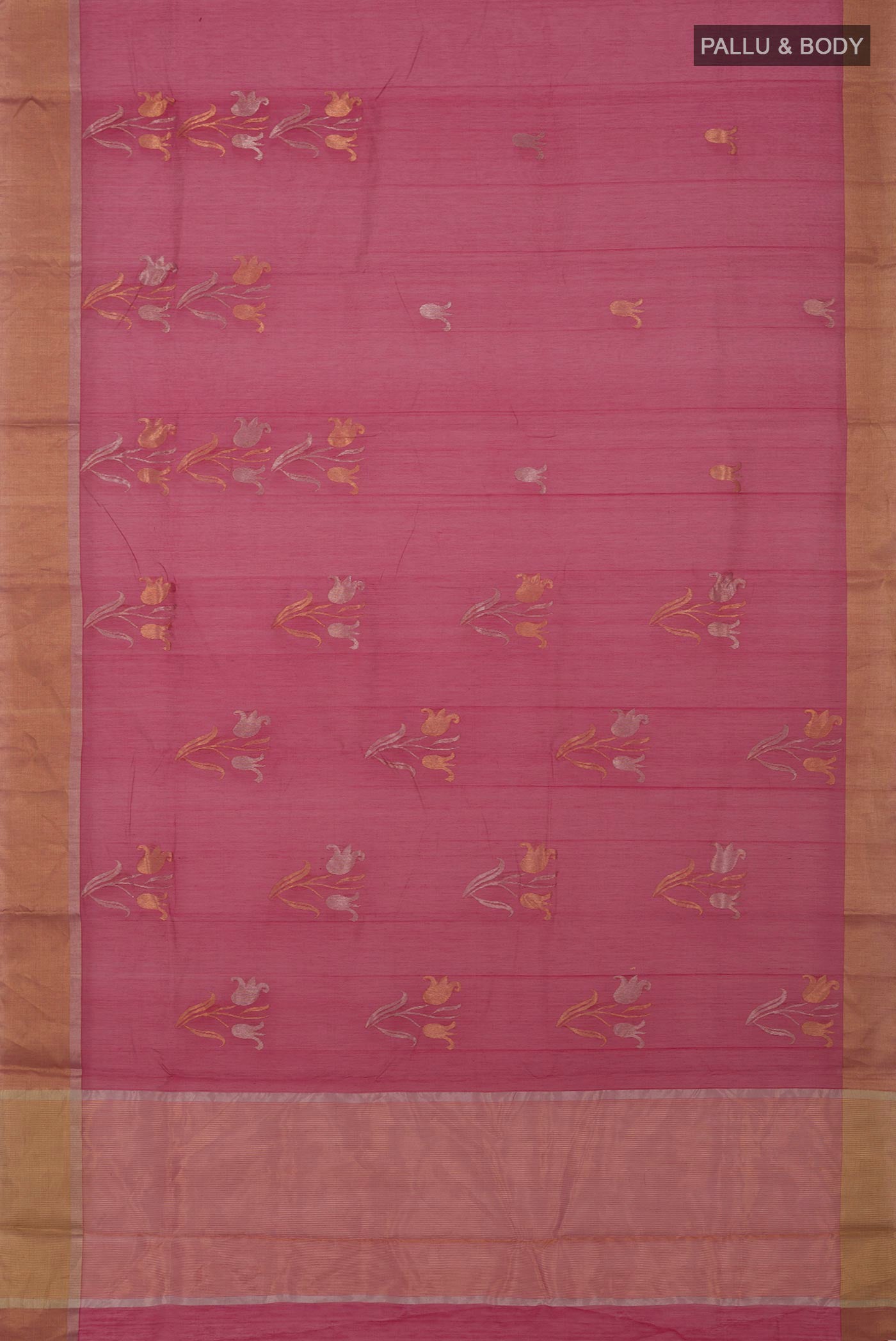 Flat view of Dark Pink Chanderi Silk Cotton Saree with Zari Butta on the body and Zari Border. 