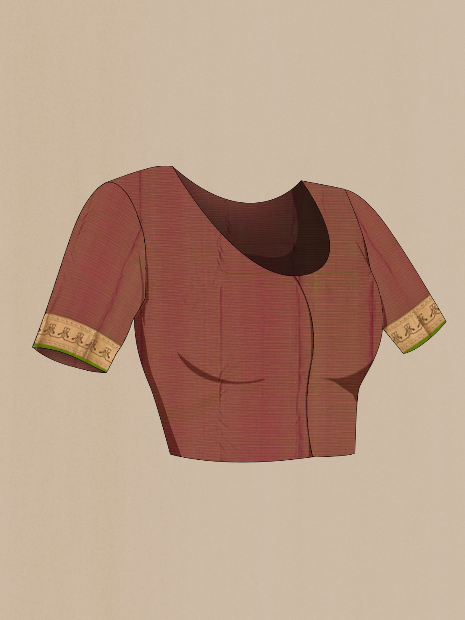 Close up image of the blouse of Pink Kanchipuram Silk Saree with Zari Butta on the body and Zari Border. 