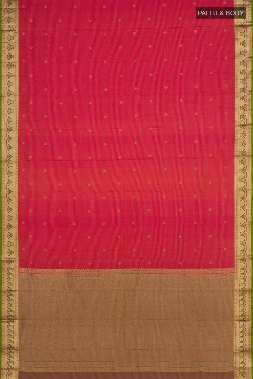 Flat view of Pink Kanchipuram Silk Saree with Zari Butta on the body and Zari Border. 