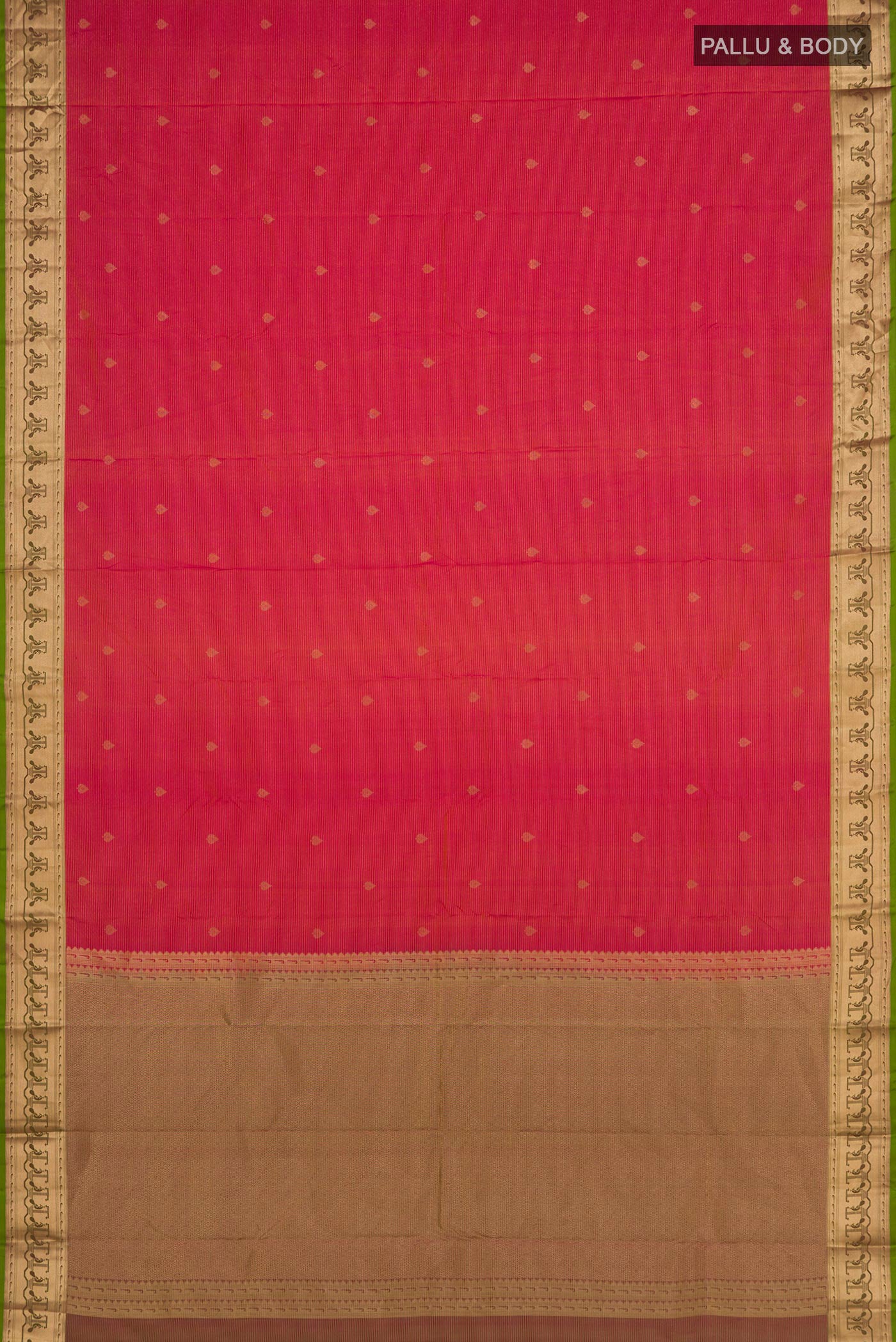 Flat view of Pink Kanchipuram Silk Saree with Zari Butta on the body and Zari Border. 