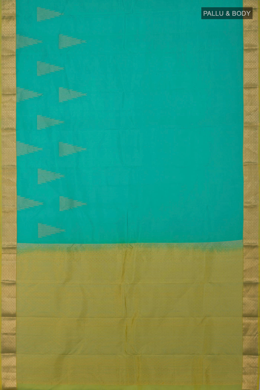 Flat view of Blue Kanchipuram Silk Saree with Zari Butta on the body and Zari Border. 