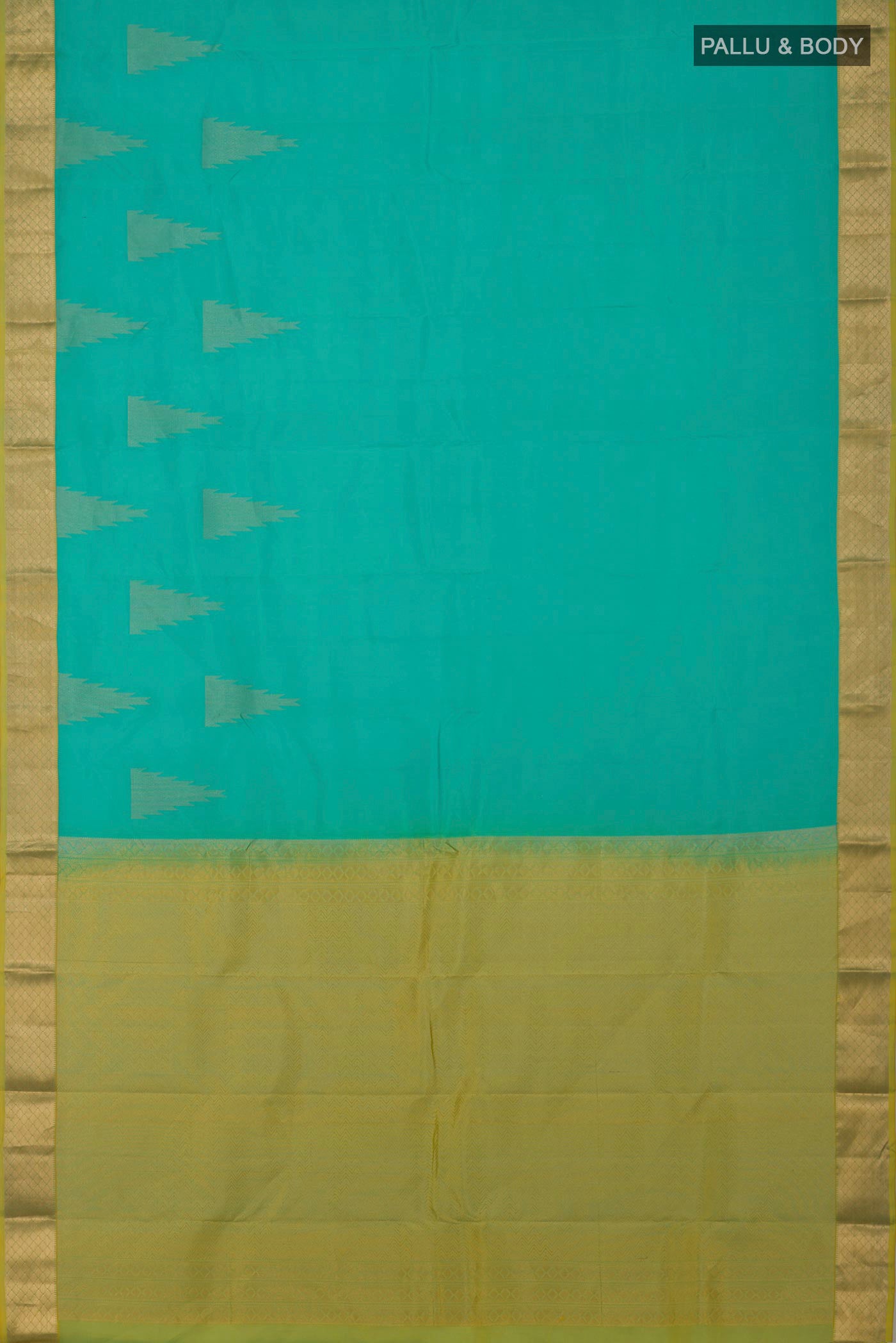 Flat view of Blue Kanchipuram Silk Saree with Zari Butta on the body and Zari Border. 